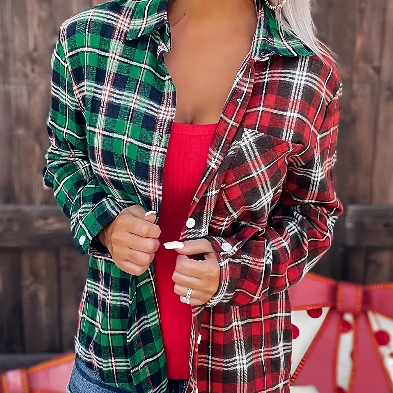 

Color Block Plaid Print Shirt, Casual Button Front Cuff Sleeve Shirt For Spring & Fall, Women's Clothing