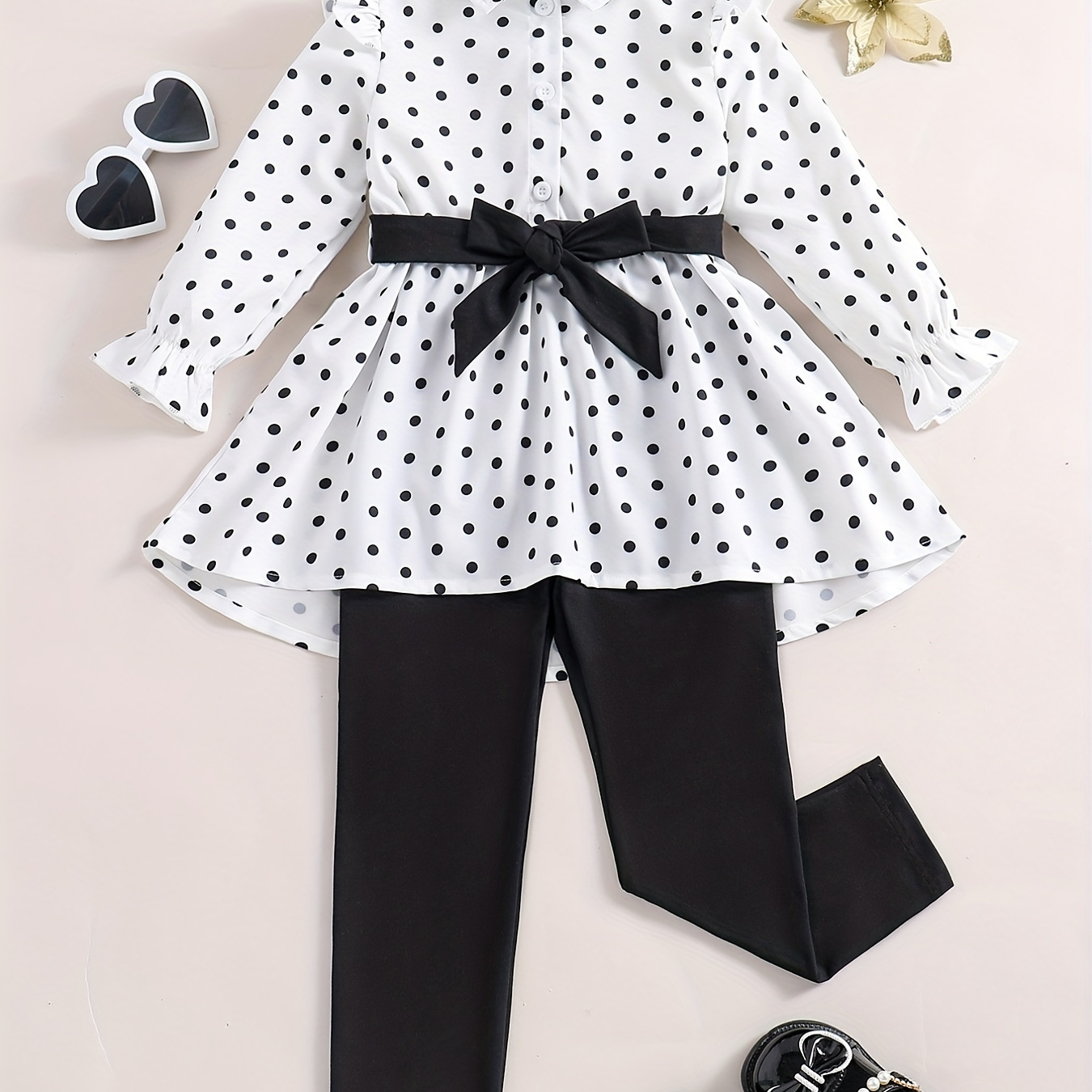 

2pcs Girl's Elegant Outfit, Polka Dots Pattern Peplum Shirt & Pants Set, Kid's Clothes For Spring Fall