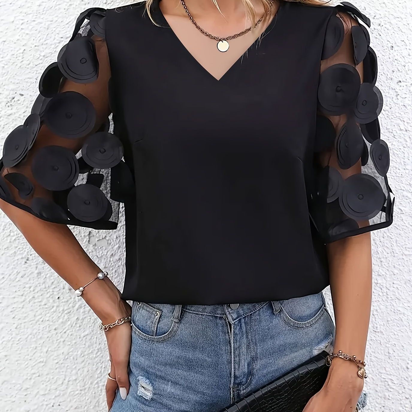 

Solid Applique V Neck Blouse, Elegant Short Sleeve Top For Spring & Summer, Women's Clothing