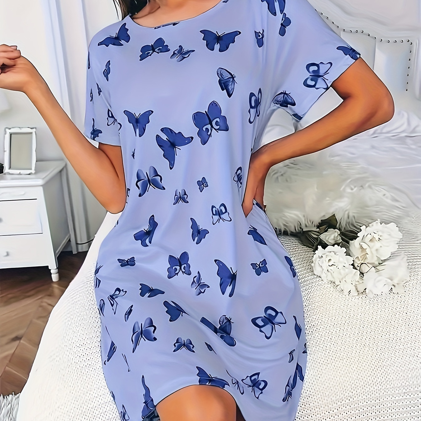 

Women's Plus Casual Nightdress, Plus Size Butterfly Print Short Sleeve Round Neck Tee Sleep Dress