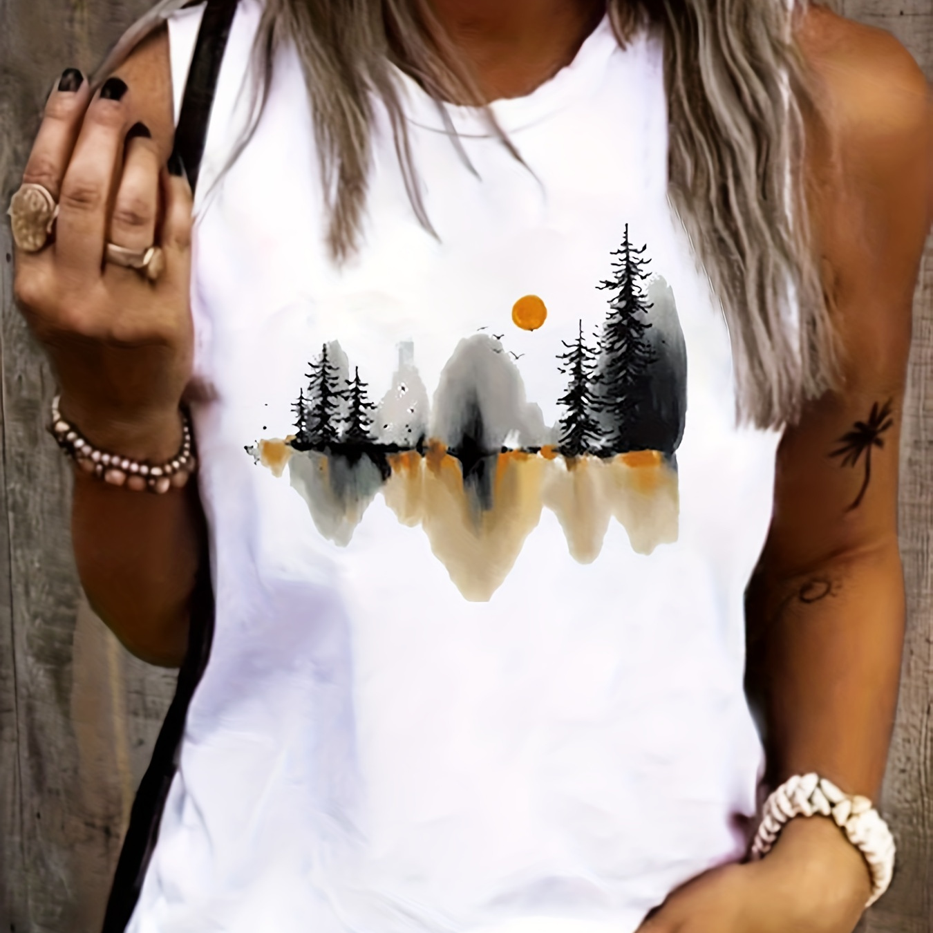 Landscape Ink Painting Print Tank Top, Casual Crew Neck Sleeveless Top For Summer, Women's Clothing