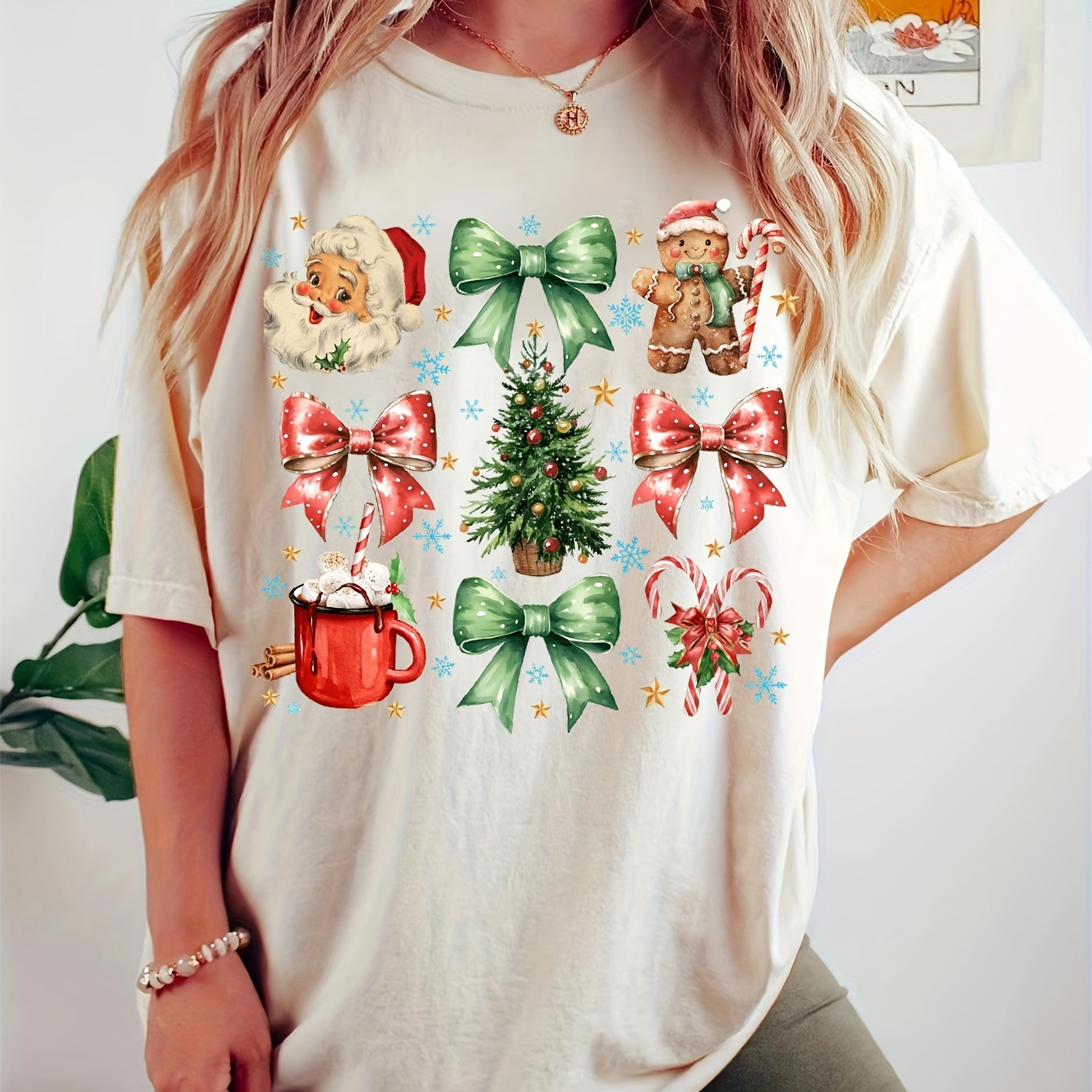 

Christmas Neck T-shirt, Casual Short Sleeve Top For , Women's Clothing