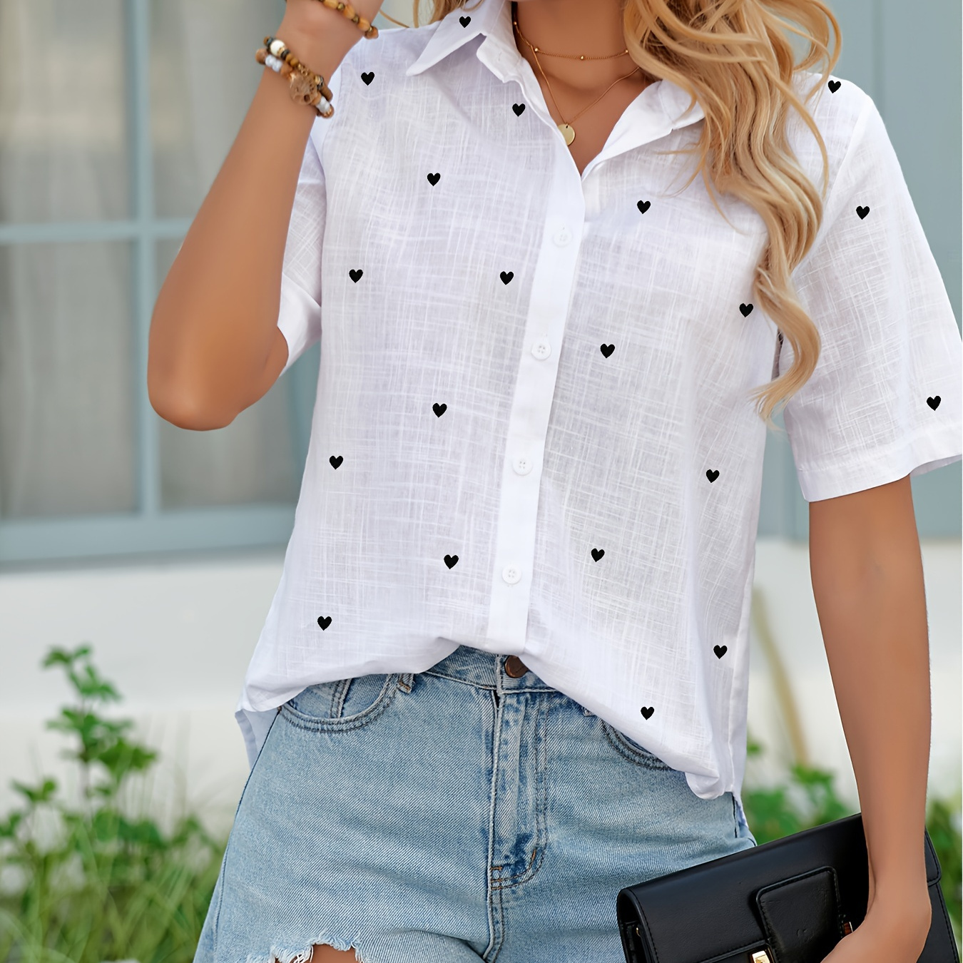 

Heart Print Button Front Blouse, Casual Short Sleeve Blouse For Spring & Summer, Women's Clothing