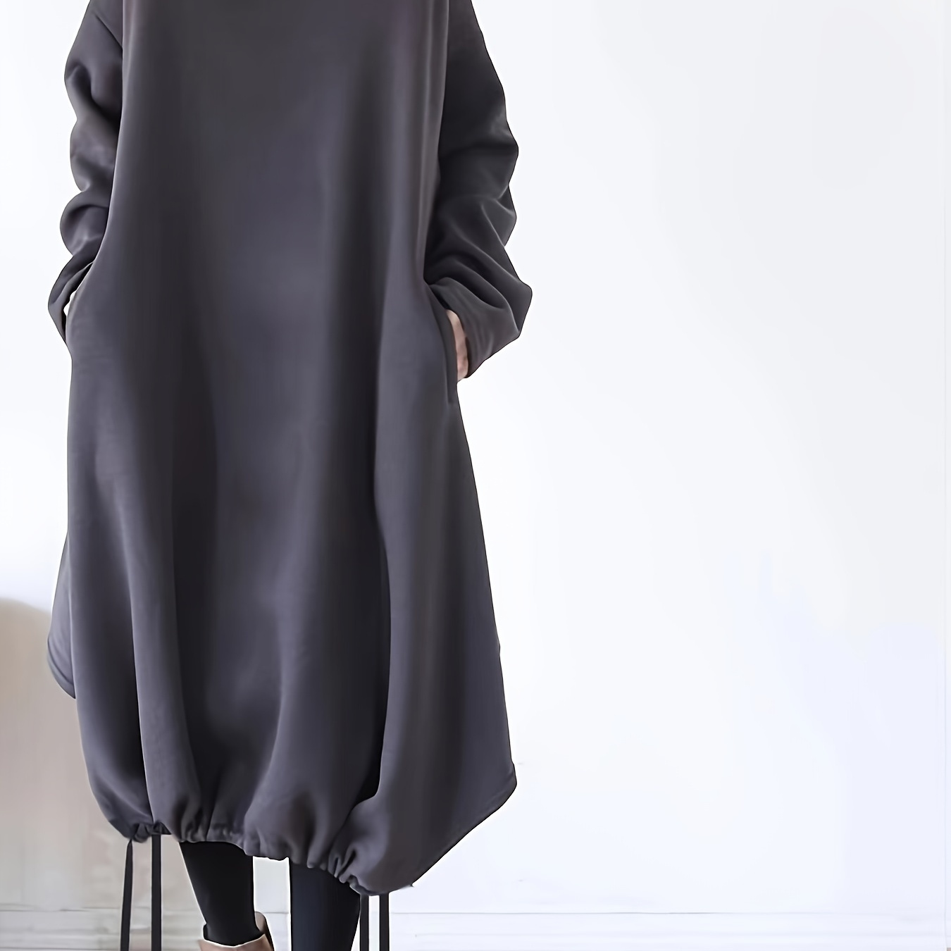 

Cozy Plus-size Fleece-lined Hooded Dress With Drawstring Hem And Pockets - Casual Long Sleeve, High Neck Design For Women