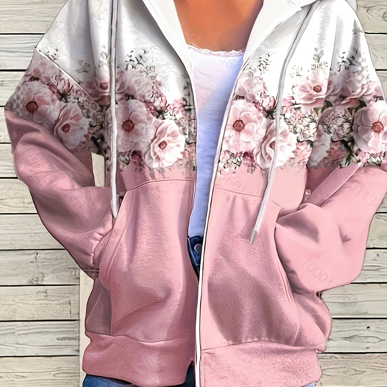 

Plus Size Casual Coat, Women's Plus Ombre Floral Print Hooded Drawstring Long Sleeve Zip Up Medium Stretch Coat With Kangaroo Pockets