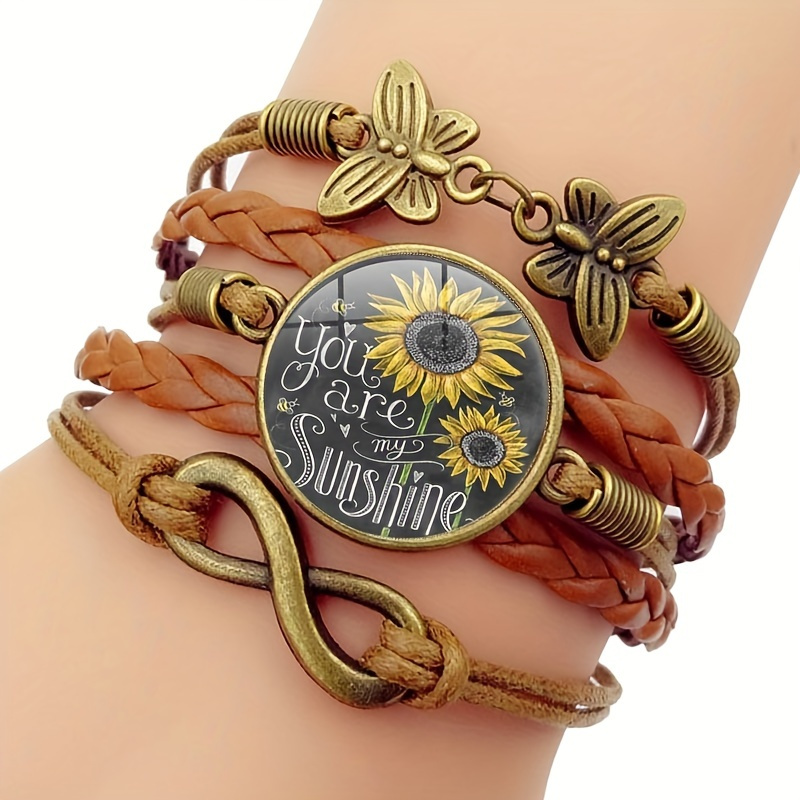 

You Are My Sunshine Bracelet, Vintage Sunflower Butterfly Multilayered Pu Leather Braided Wrap Bracelet