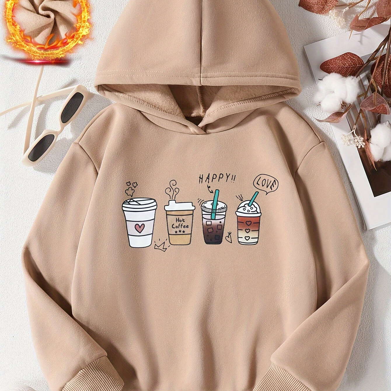 

Teen Girls Cartoon Coffee Drinks Graphic Thermal Lined Hoodie Sweatshirt, Trendy Comfy Warm Sweaters For Daily Holiday