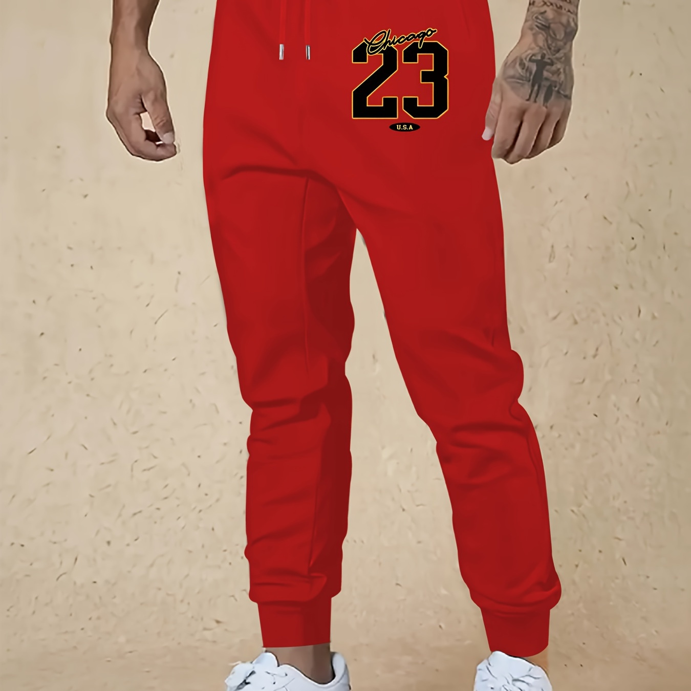 

Chicago 23 Usa Print, Men's Drawstring Sweatpants With Fleece, Casual Warm And Comfy Jogger Pants For Men
