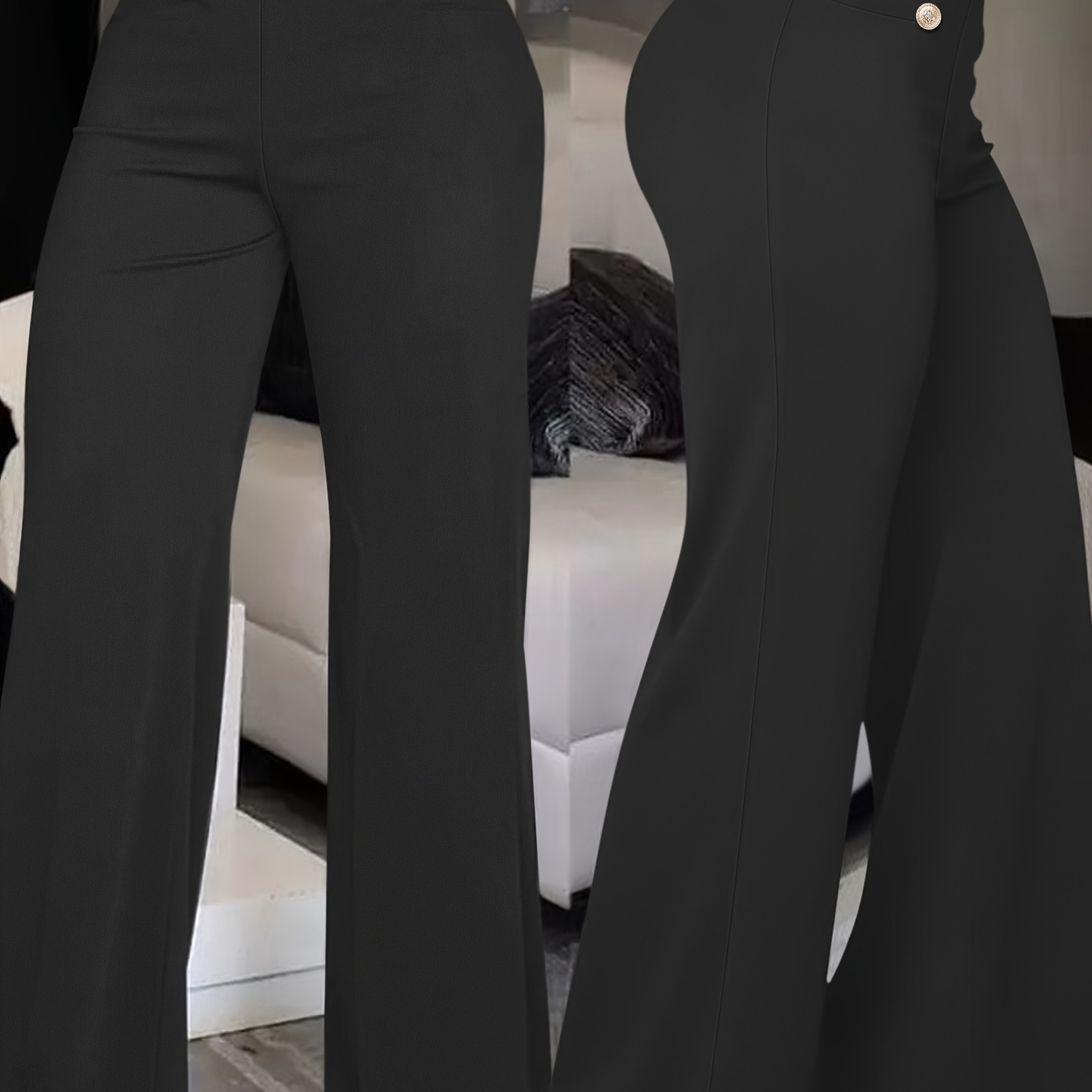 Women'S High-Waisted Flare Pants with Faux Button Detail - Stretchy Casual Wide-Leg Trousers, Solid Black, Comfortable for Spring/Summer, High Waisted Leggings