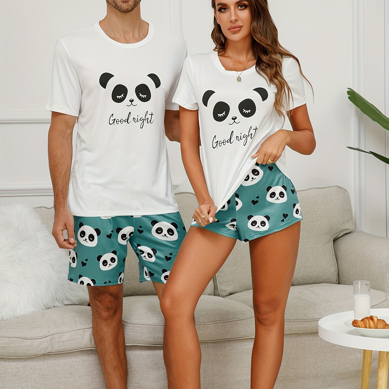 

Men's Simple Style Casual Cartoon Panda Pattern Couple Pajamas Sets, Long Sleeve Crew Neck Top & Loose Pants Lounge Wear, Outdoor Sets For Summer, As Valentine's Day Gifts