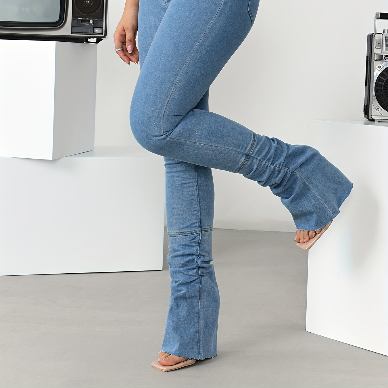 

Pleated Bootcut Jeans, Slight Stretch Stacked Denim Pants, Women's Denim Jeans & Clothing