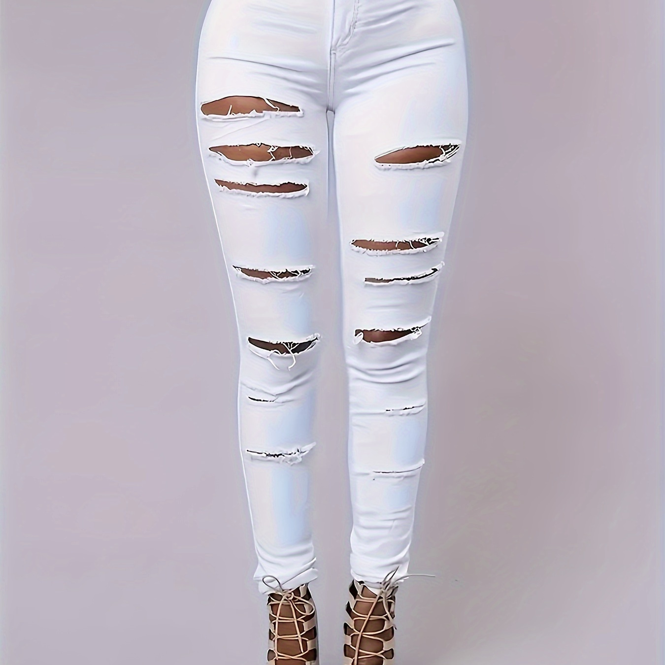 

Women's High-waisted Skinny Fit Jeans, Casual And Stylish, Plain White Ripped Denim, Versatile Streetwear Pants