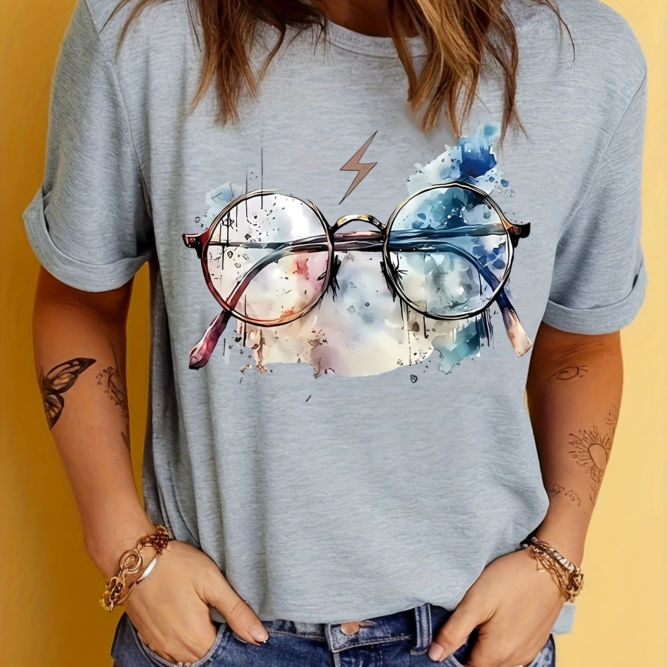 

Glasses Print Crew Neck T-shirt, Casual Short Sleeve T-shirt For Spring & Summer, Women's Clothing