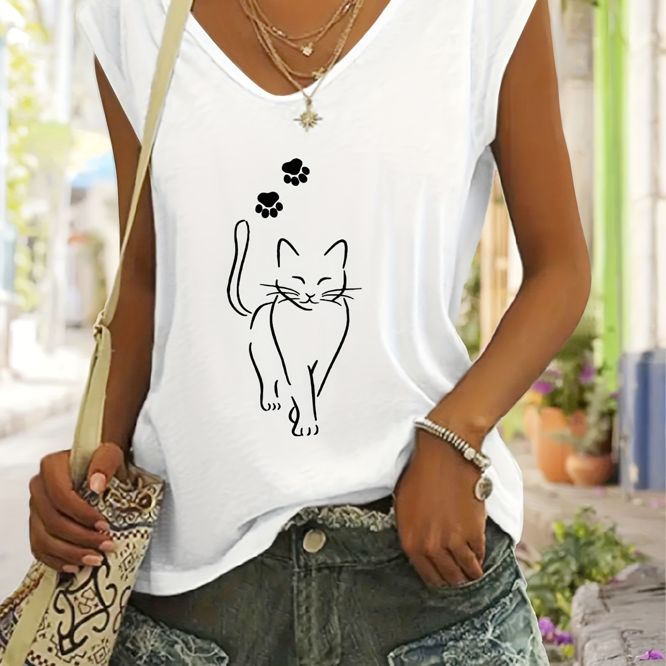 

Cat Print V-neck T-shirt, Casual Short Sleeve Top For , Women's Clothing