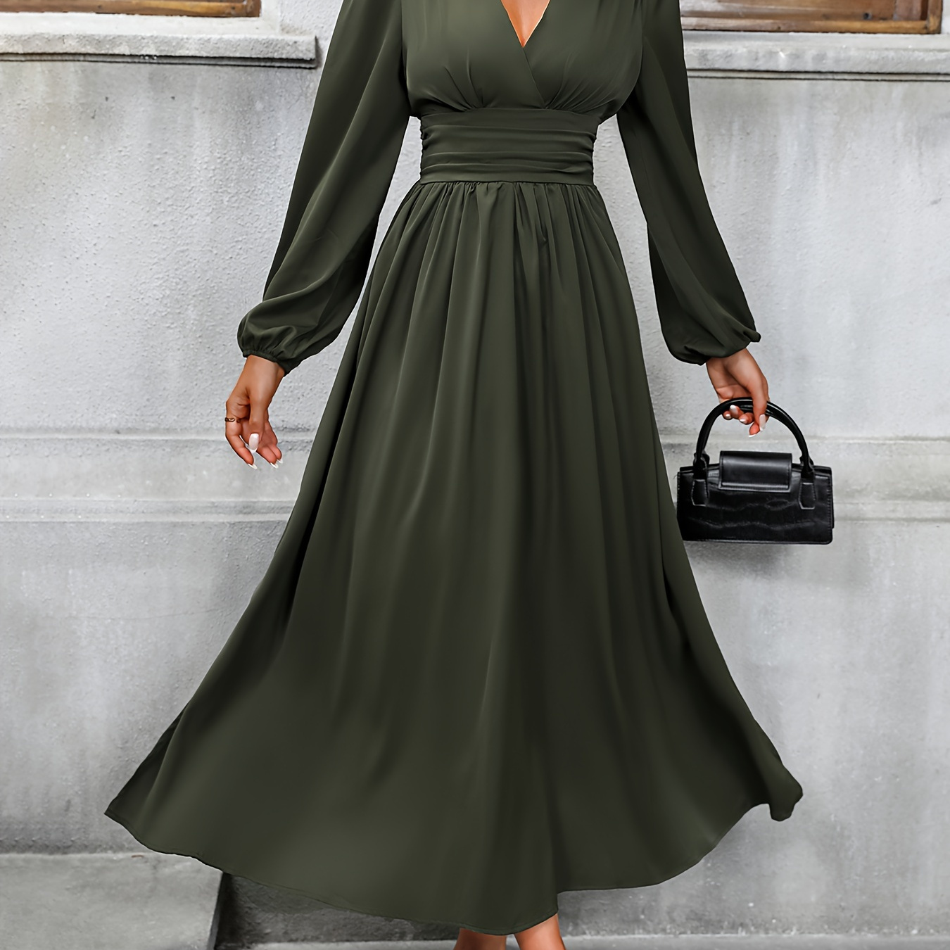 

Cinched Waist Split Hem A-line Dress, Elegant V Neck Long Sleeve Dress For Spring & Fall, Women's Clothing