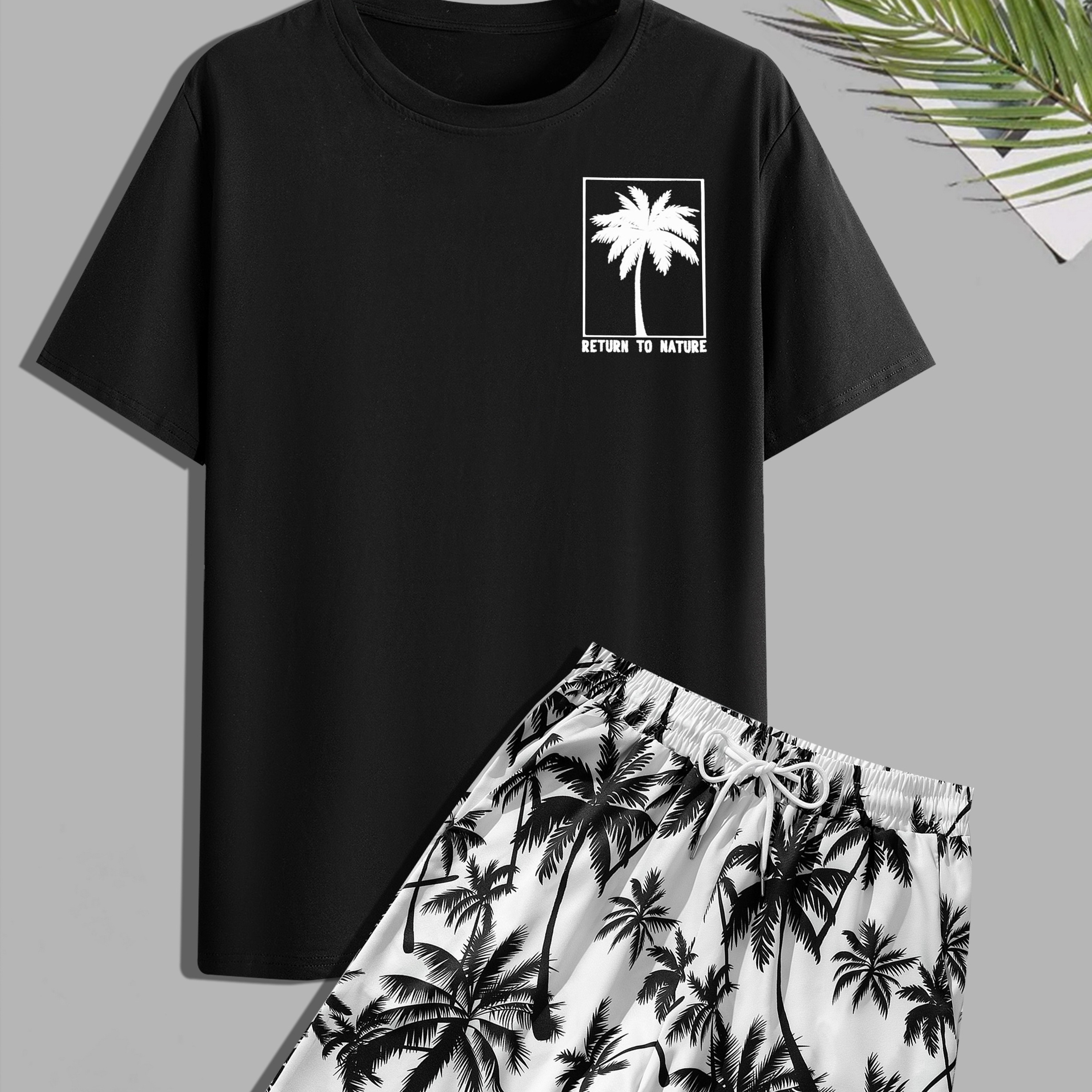 

2-piece Coconut Tree Print Men's Summer Vacation Outfit Set, Men's Short Sleeve Round Neck T-shirt & Trendy Drawstring Shorts Set