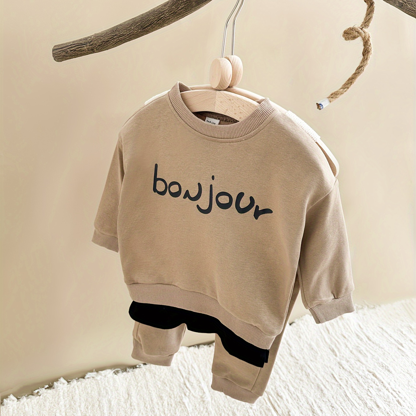 

2pcs Infant & Toddler's "bonjour" Print Casual Outfit, Sweatshirt & Pants, Baby Boy's Clothes