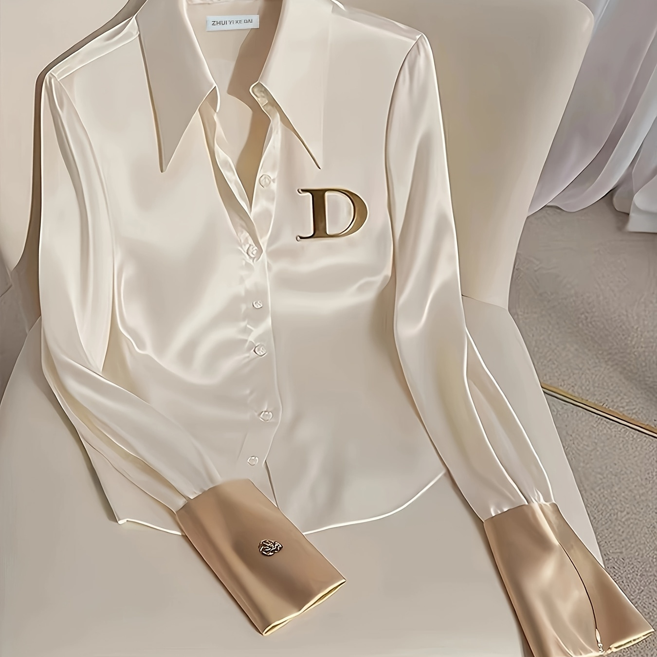 

Elegant Polyester Women's Shirt With Wide Collar, Alphabet Embellishment, Long Sleeves With Metallic Accents, And Zipper Detail - Office Wear For Spring/summer/fall