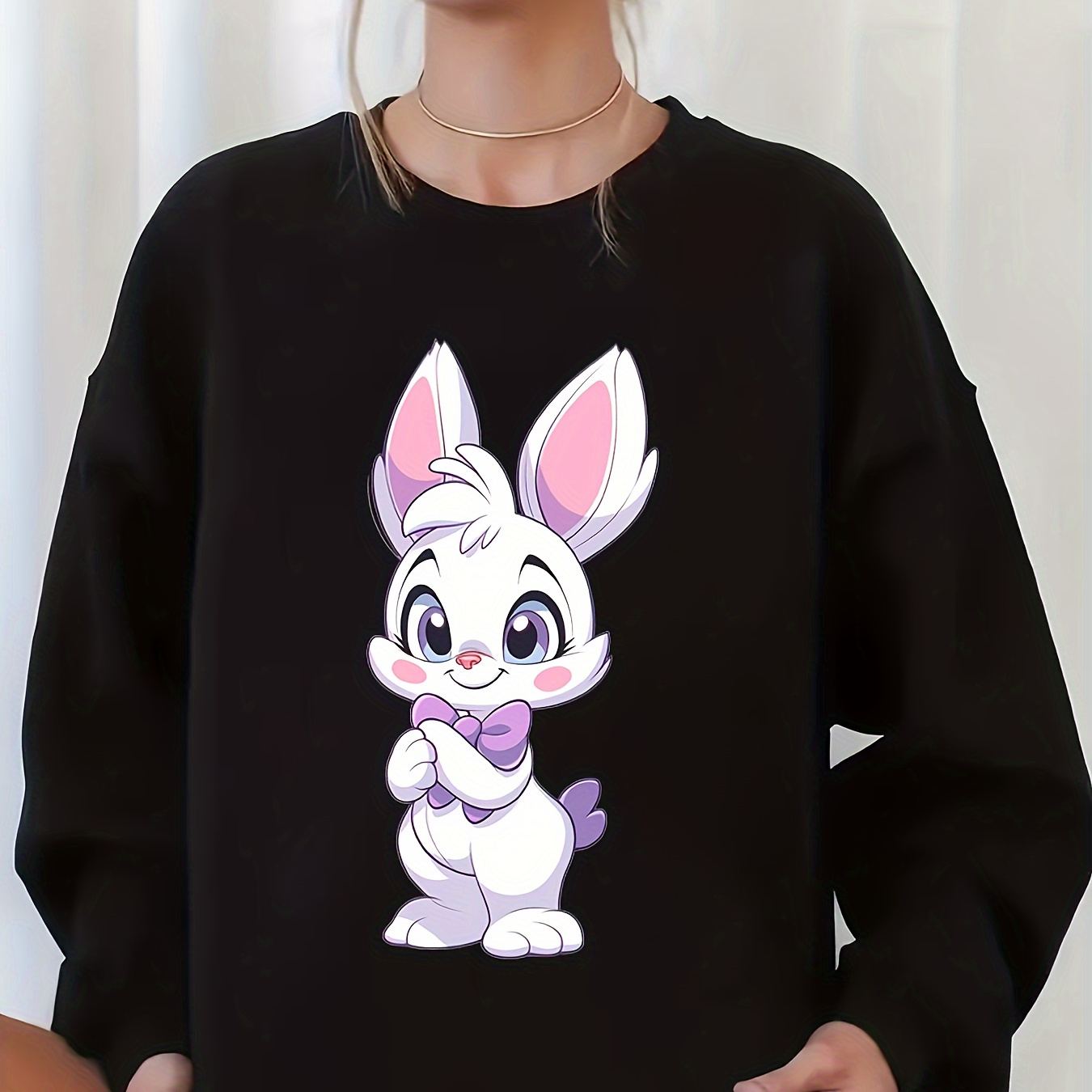 

Cozy Plus Size Women's Sweatshirt With Cute Cartoon Print - Long Sleeve, Round Neck Pullover For Fall & Winter, Machine Washable