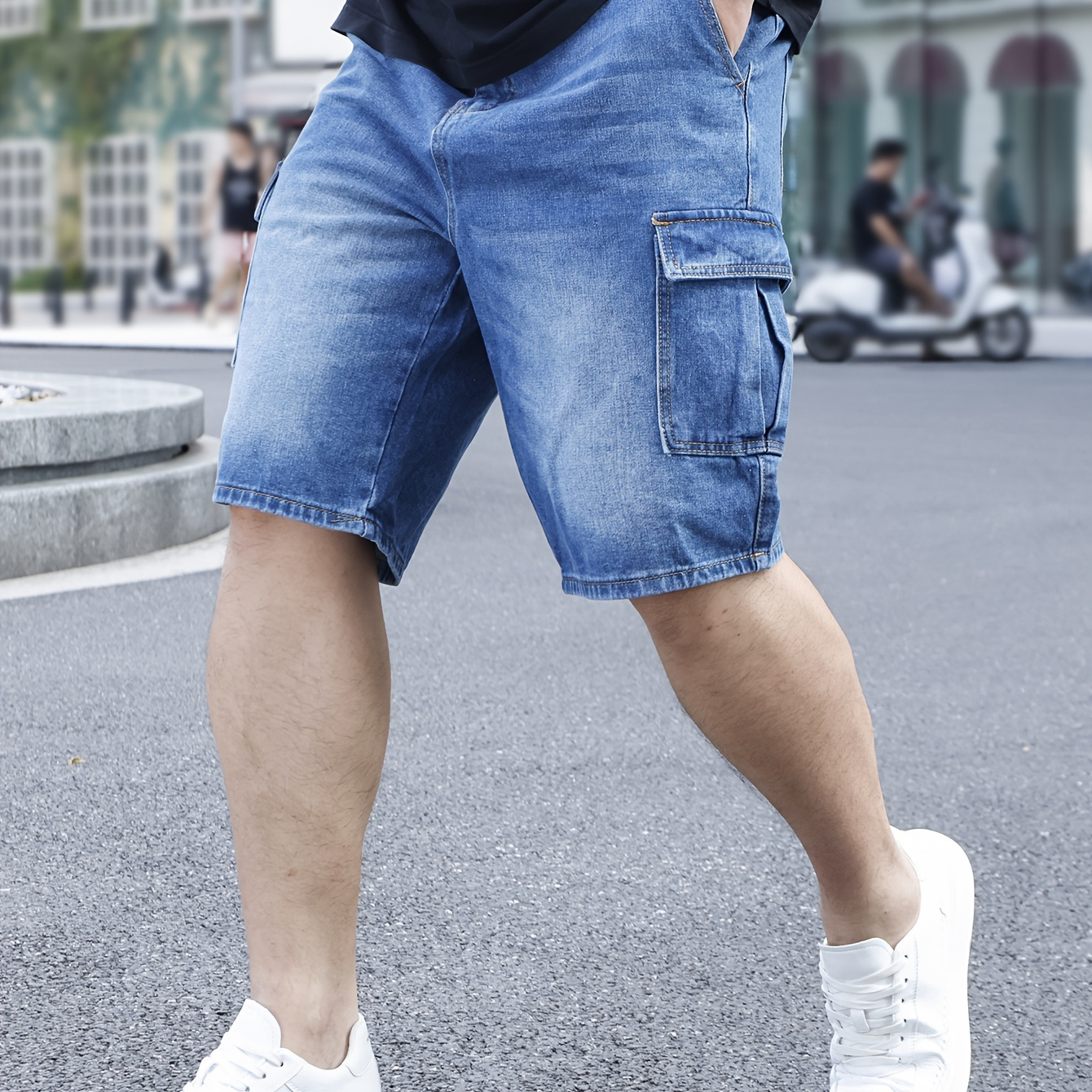 

Men's Plus Size Cotton Denim Shorts, Mid-length Jeans With Side Pockets, Casual Summer Wear, Relaxed Fit