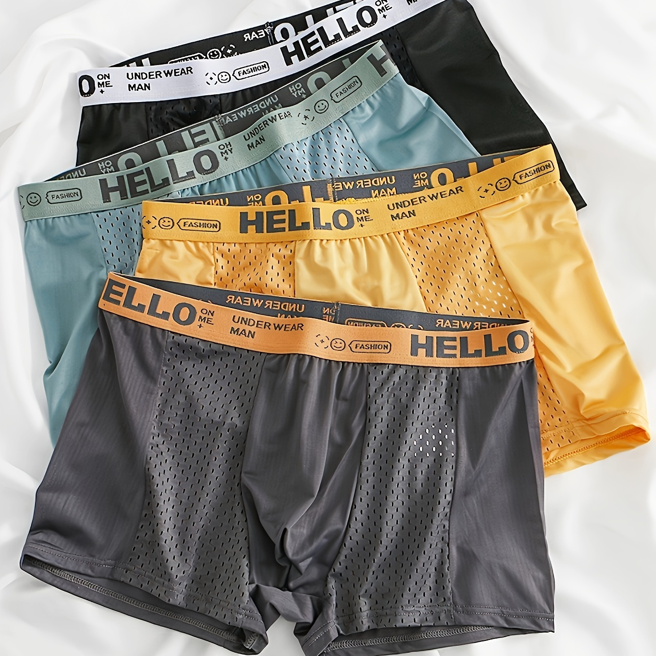 

4pcs Men's Underwear, 'hello' Print Fashion Breathable Comfy Stretchy Boxer Briefs Shorts