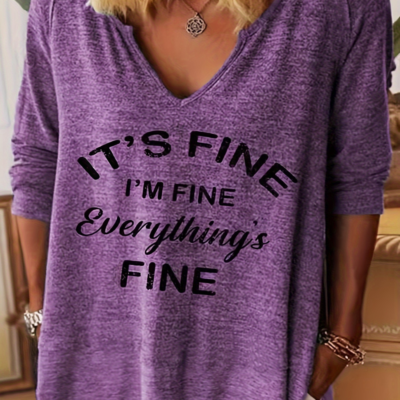 

Plus Size It's Fine Print V Neck T-shirt, Casual Long Sleeve Top For Spring & Fall, Women's Plus Size Clothing
