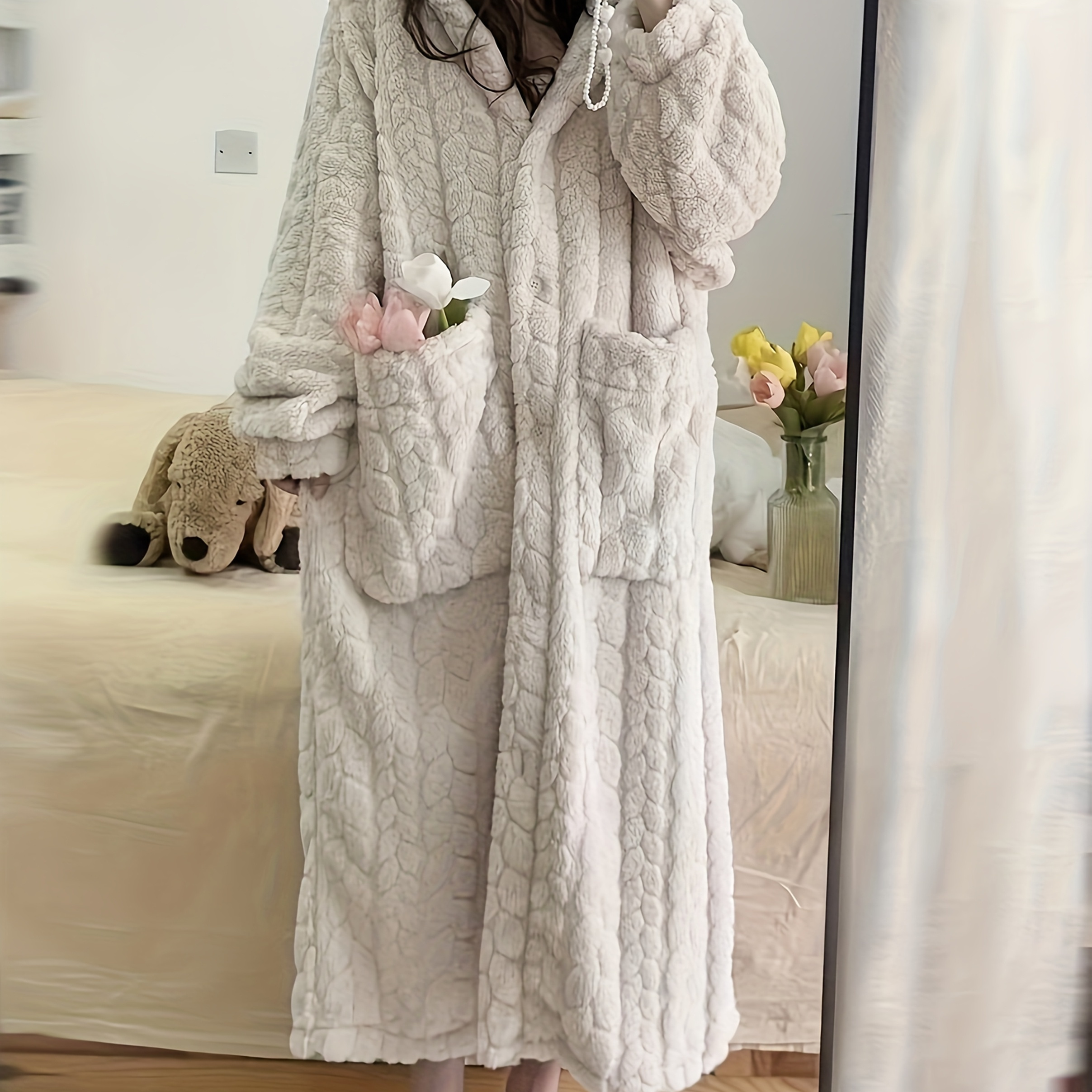 

Cozy Coral Fleece Hooded Robe For Women - Long, Warm & Soft Lounge Dress With Pockets, Machine Washable - Fall/winter