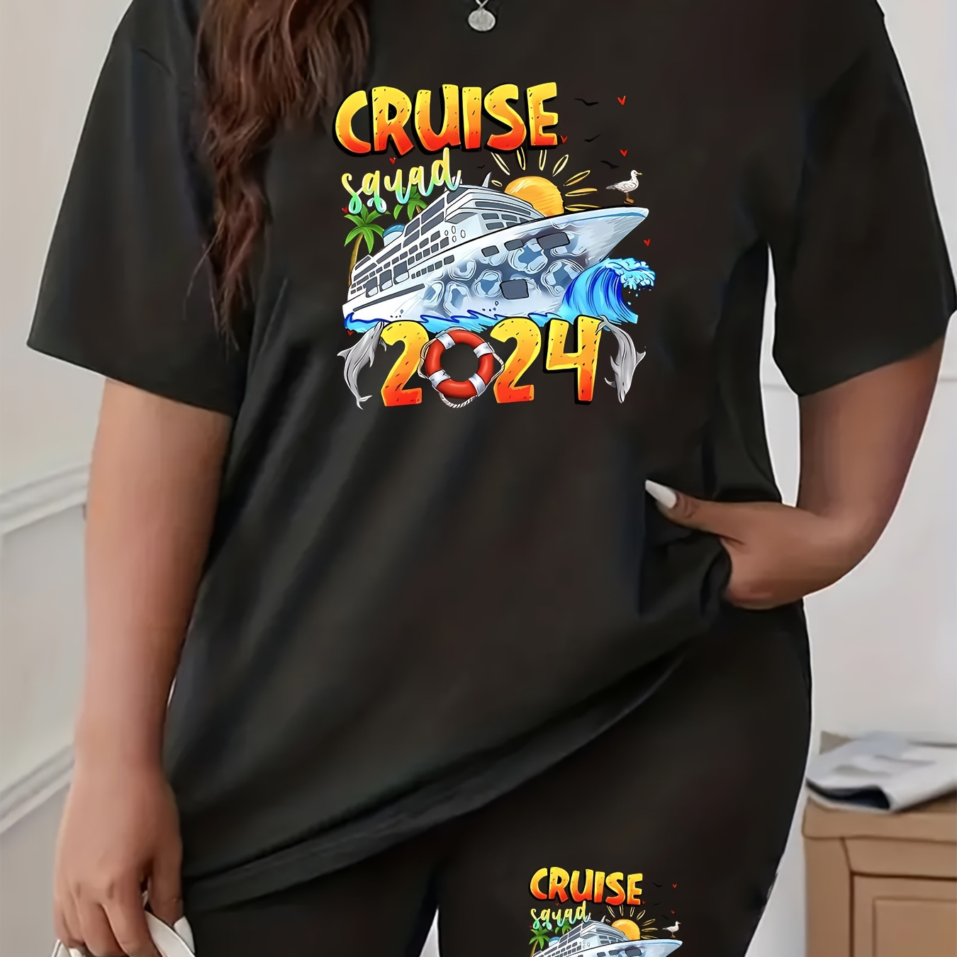 

Cruise 2024 Print Casual Shorts Set, Crew Neck Short Sleeve T-shirt & Skinny Shorts Outfits, Women's Clothing