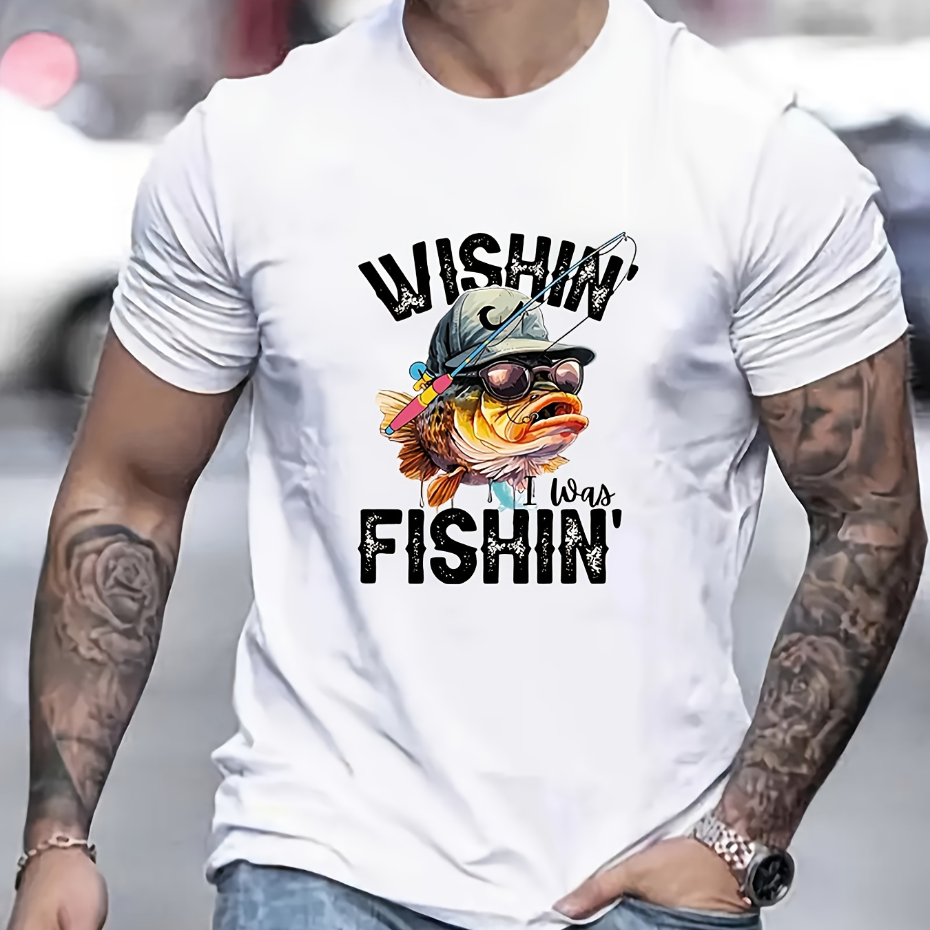 

Men's Casual Fashion Round Neck Short Sleeve T-shirt With Cool Cartoon Fish Graphic, Breathable Polyester, Machine Washable - Summer