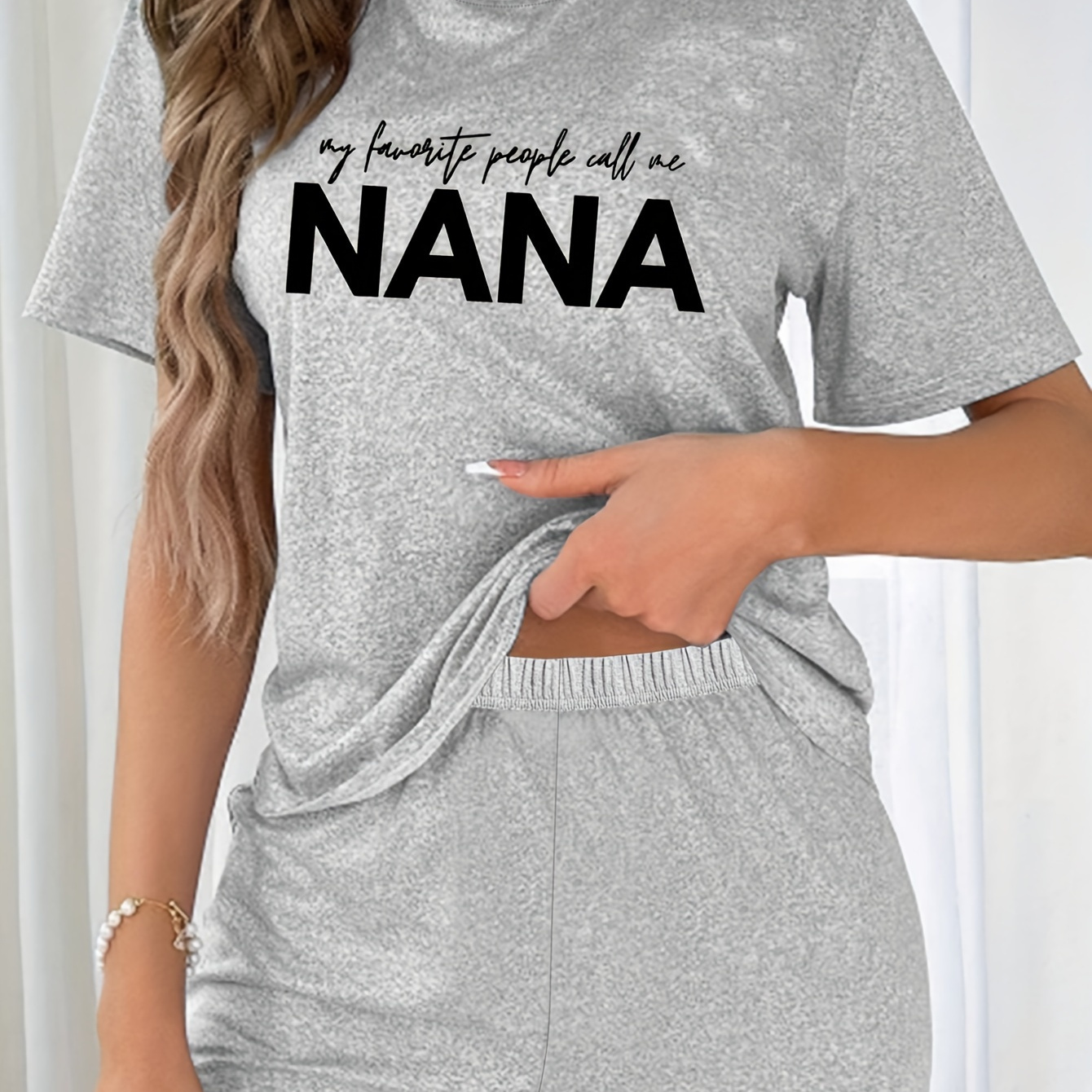 

Casual Slogan Print Pajama Set, Short Sleeve Round Neck Top & Elastic Short, Women's Sleepwear