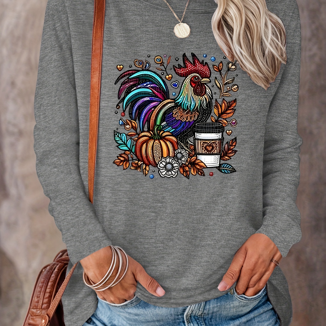 

Chicken Print T-shirt, Long Sleeve Crew Neck Casual Top For Spring & Fall, Women's Clothing