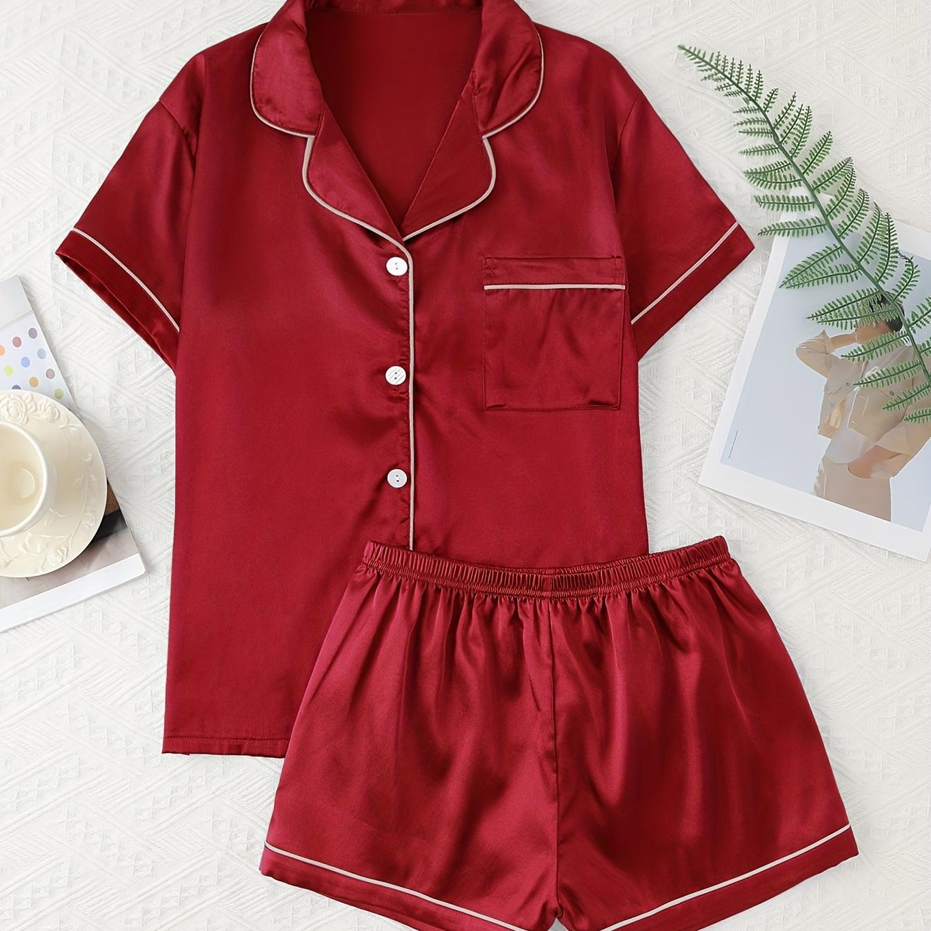 

Women's Solid Satin Casual Pajama Set, Short Sleeve Buttons Lapel Top & Shorts, Comfortable Relaxed Fit