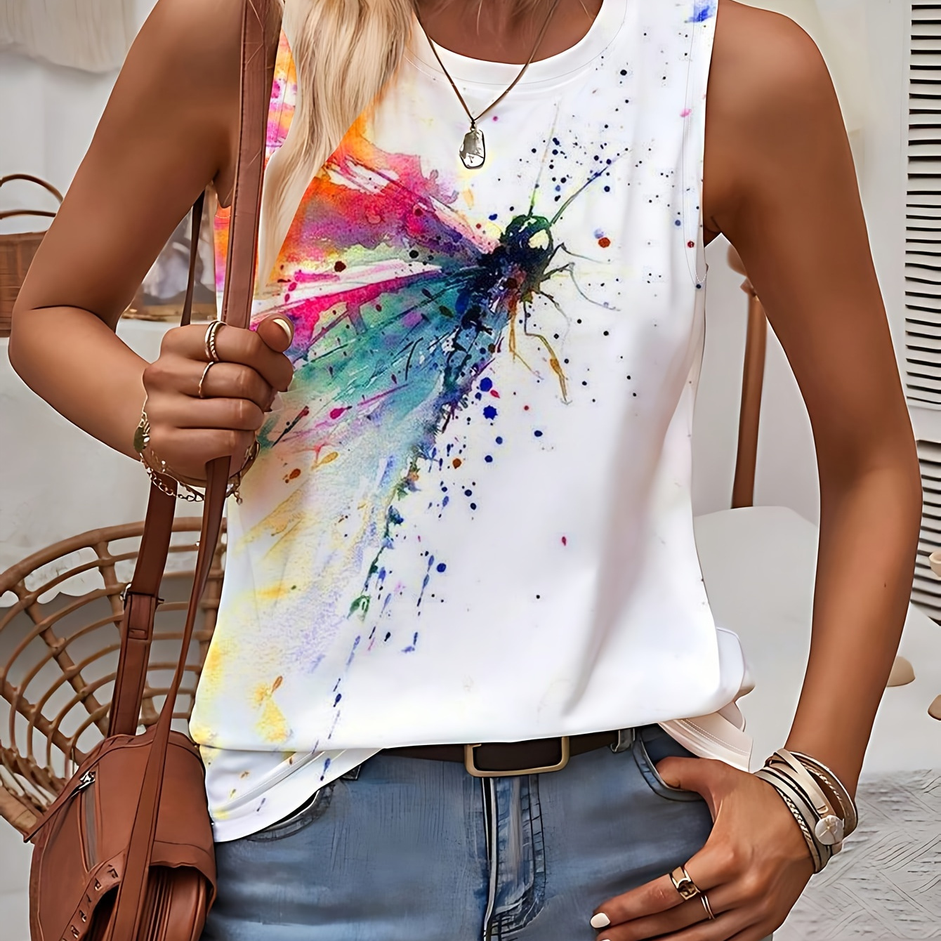 

Dragonfly Print Crew Neck Tank Top, Casual Sleeveless Tank Top For Summer, Women's Clothing
