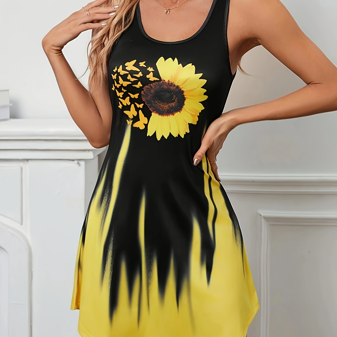 

Sunflower Print Color Block Tank Dress, Vintage Sleeveless Crew Neck Dress For Spring & Summer, Women's Clothing
