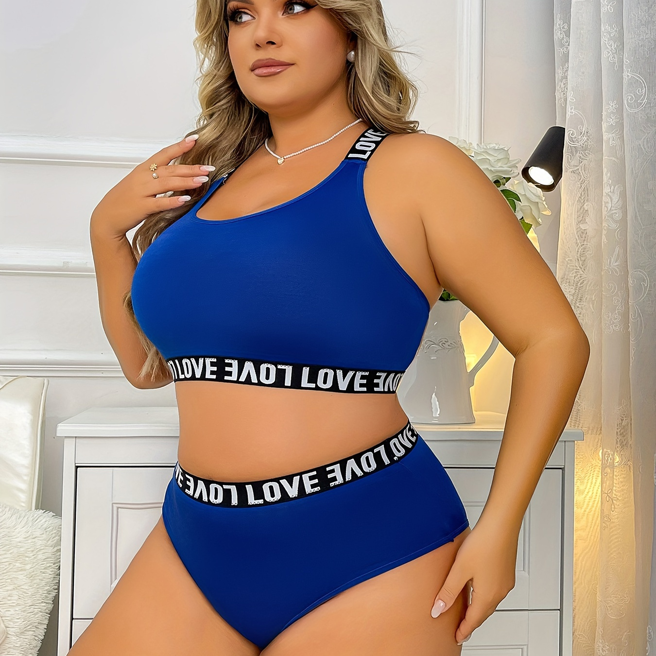 Plus Size Sports Lingerie Set, Women's Plus Letter Tape Criss Cross Back Medium Stretch Bra & Panty Lingerie Two Piece Set