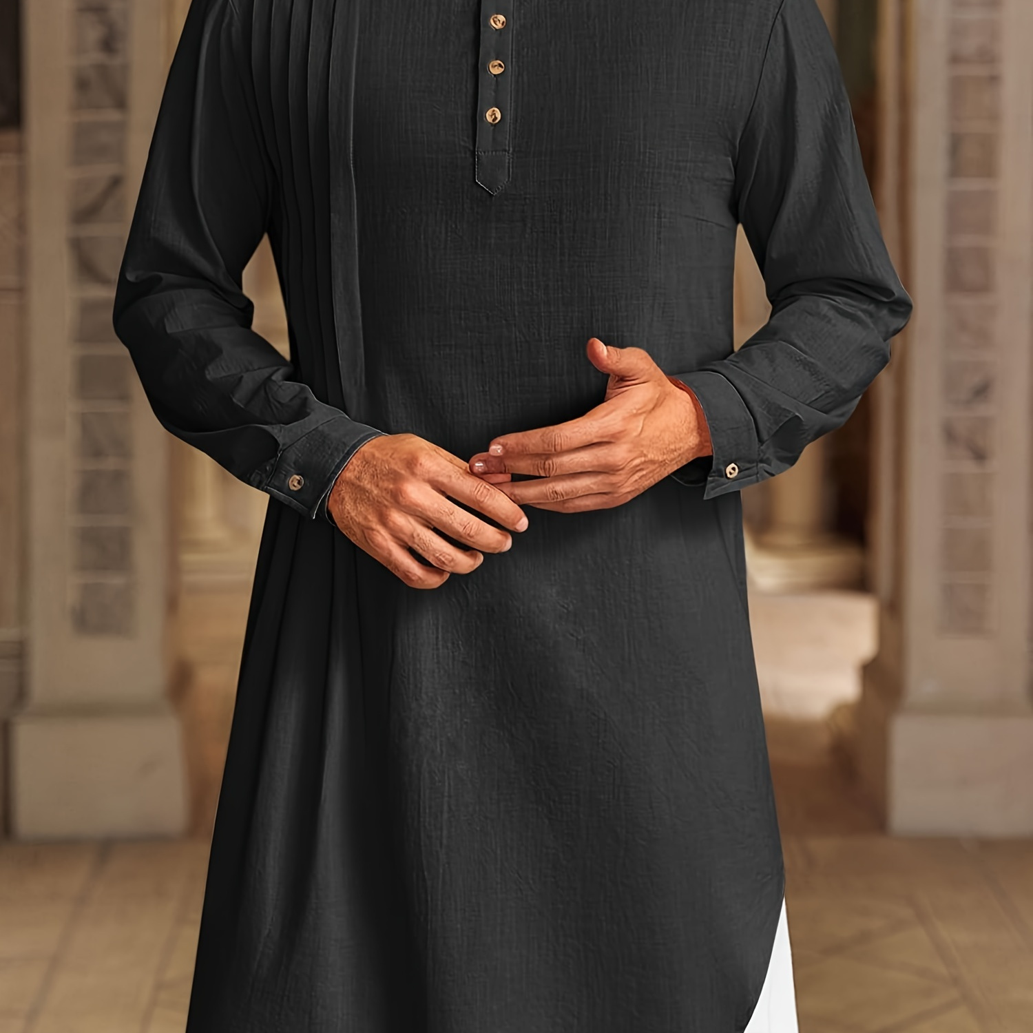 

Mens Kaftan Thobe Cotton Linen Henley Shirt Long Sleeve Robe Casual Gown Kurta