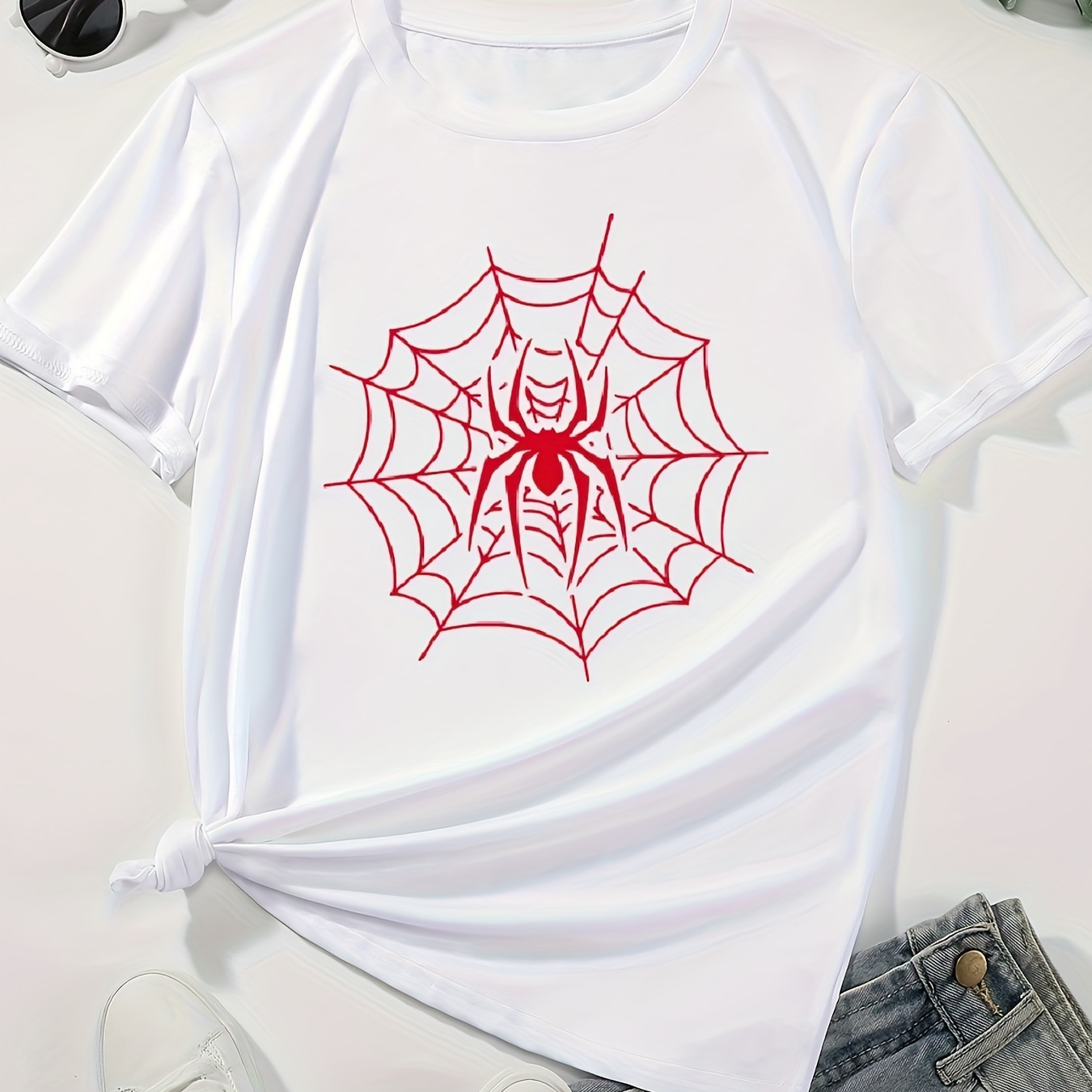 

Spider Print Drop Shoulder T-shirt, Short Sleeve Crew Neck Casual Top For Spring & Summer, Women's Clothing