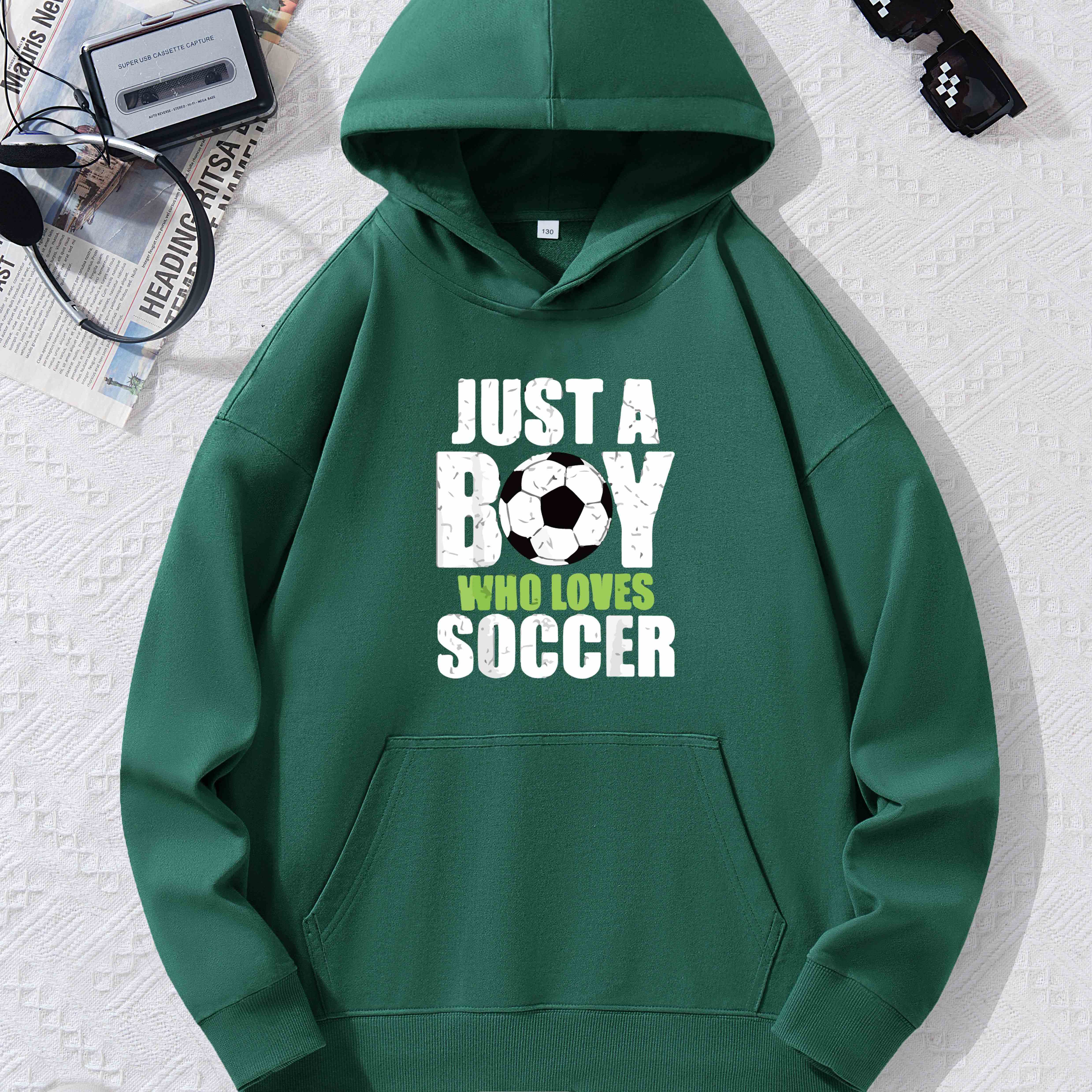 

Just A Boy Who Loves Soccer Letter Print Hoodies For Boys - Casual Graphic Design With Stretch Fabric For Comfortable Autumn/winter Wear