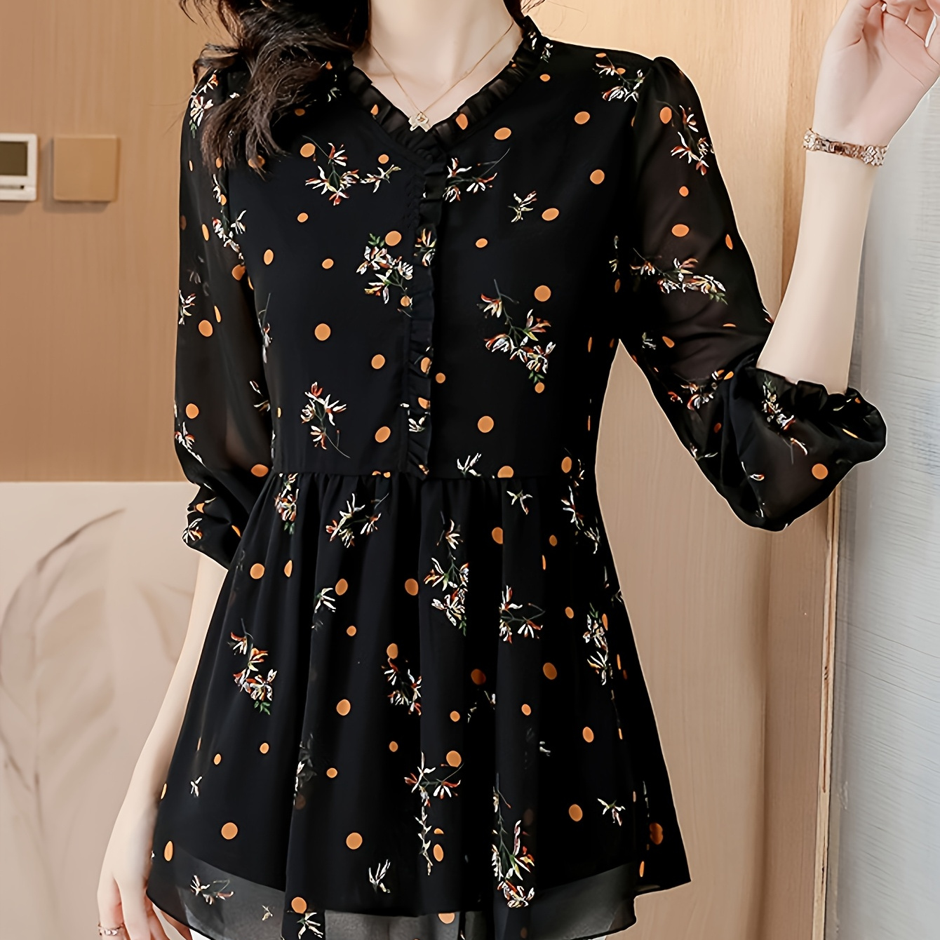 

[casual ] Women's Elegant Floral Chiffon Blouse - Long Sleeve, Cinched Waist, Flowy Skirt-style Top With Ruffle Detail, Black With Orange Flowers And , Casual Wear Blouse|puff Sleeve Blouse|