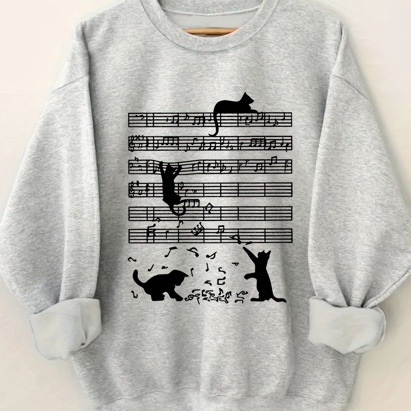 

Cat & Musical Note Print Pullover Sweatshirt, Casual Long Sleeve Crew Neck Sweatshirt For Fall & Spring, Women's Clothing