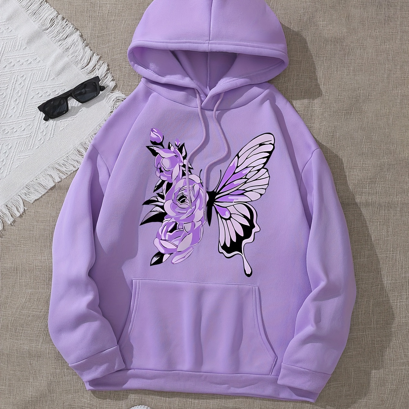 

Butterfly Print Hoodie, Drawstring Casual Hooded Sweatshirt For Fall & Spring, Women's Clothing