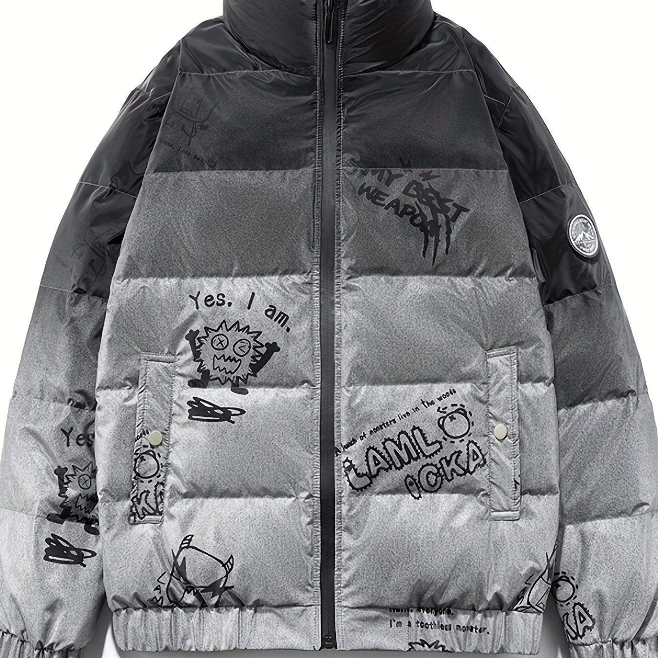 

Chic Warm Pu Puffer Jacket, Men's Casual Graffiti Stand Padded Coat For