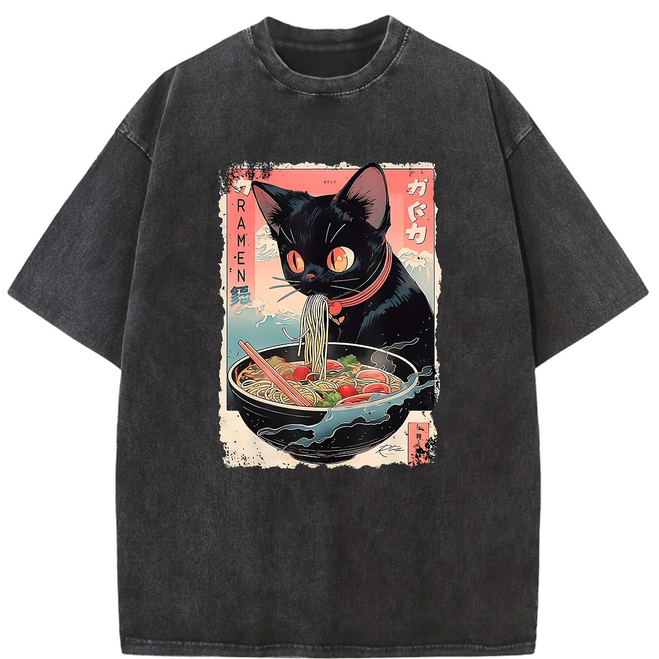 

Cat Eating Noodles Creative Printing Vintage Washed High Quality Cotton Patterned T-shirt Men's T-shirt Clothing Drop Shoulder Sleeve Round Neck Tops Short Sleeve