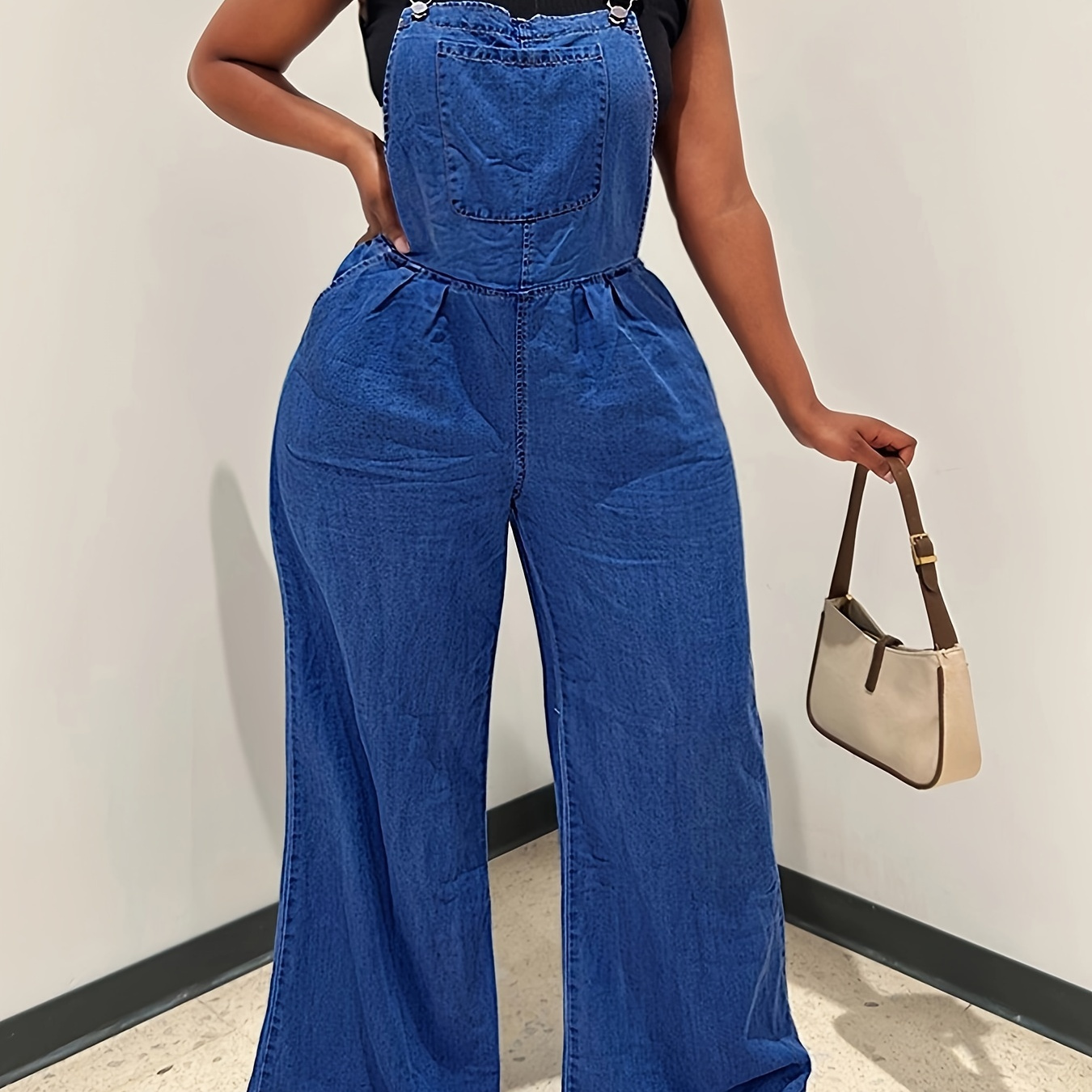 

Women's Loose-fit Sleeveless Denim Overalls With Side Pockets, Casual Style, Wide-leg Jumpsuit Dungarees