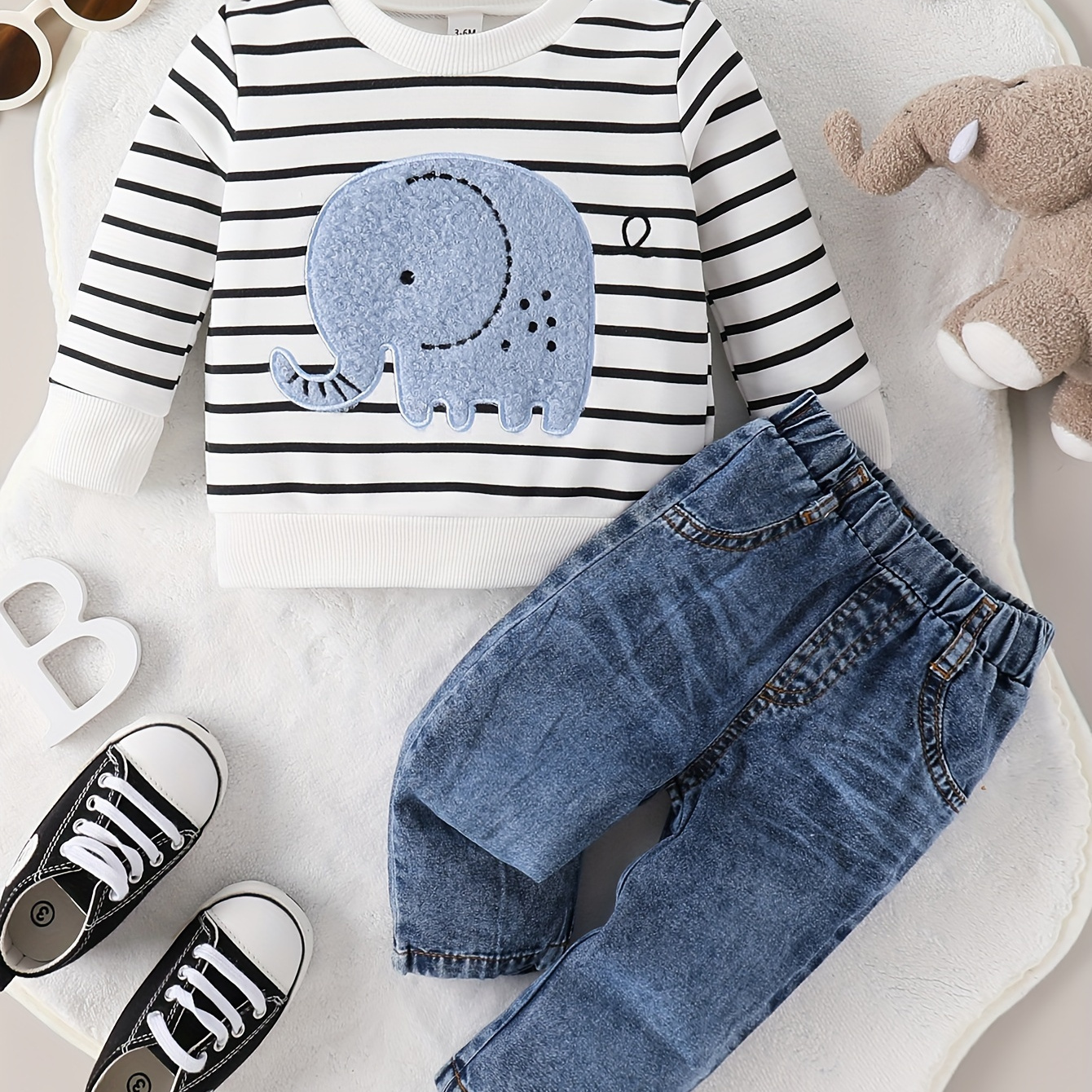 

Ensemble de sweat-shirt à carreaux avec broderie d'éléphant mignon et pantalon en denim élastique pour bébé garçon, vêtements décontractés pour enfants