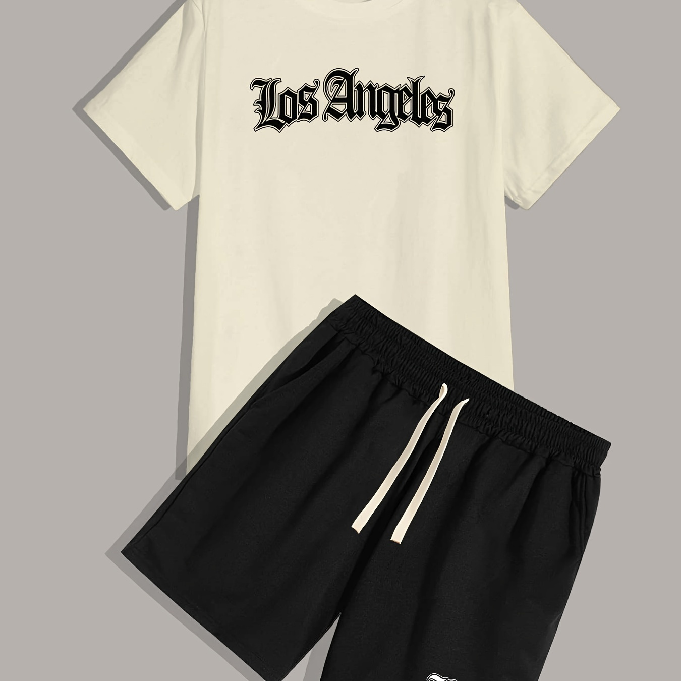 

Los Angeles, Men's 2 Pieces Outfits, Round Neck Short Sleeve T-shirt And Drawstring Shorts Set