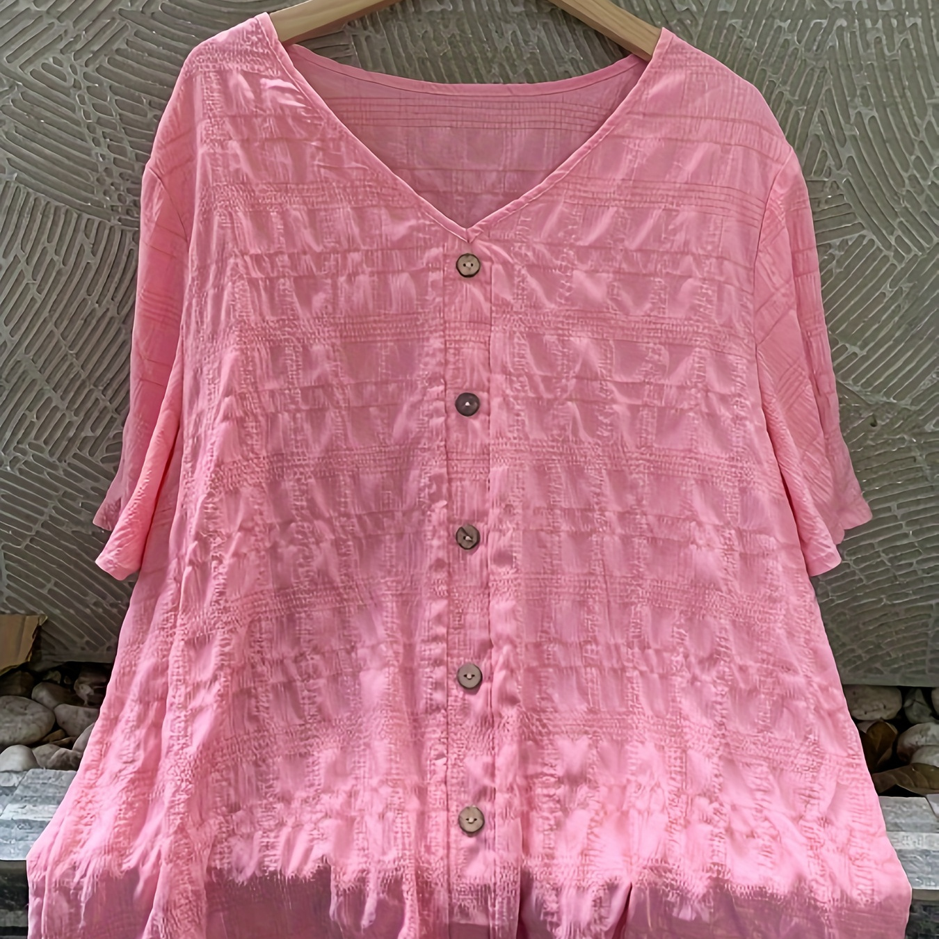 

Plus Size Solid Textured Blouse, Elegant V Neck Short Sleeve Blouse For Spring, Women's Plus Size clothing
