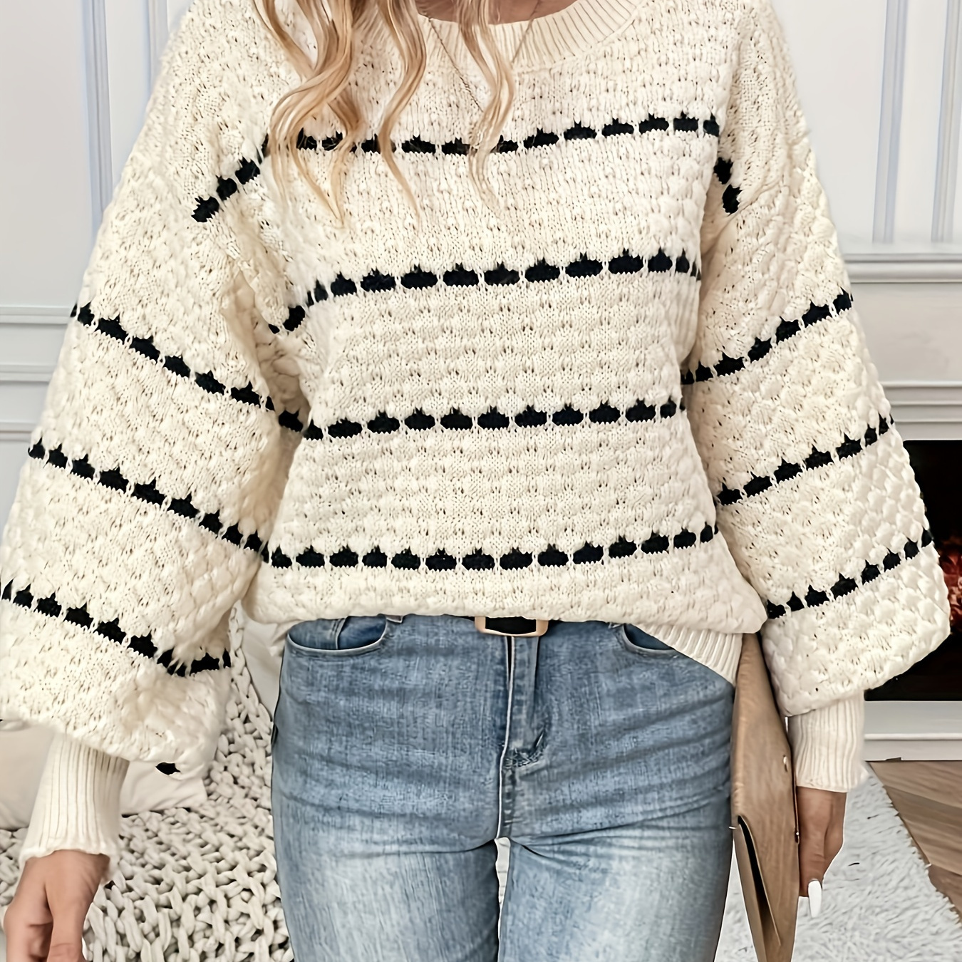 

Pullover élégant à rayures avec épaules tombantes, pull à manches lanternes et col rond pour l'hiver et l'automne, vêtements pour femmes.