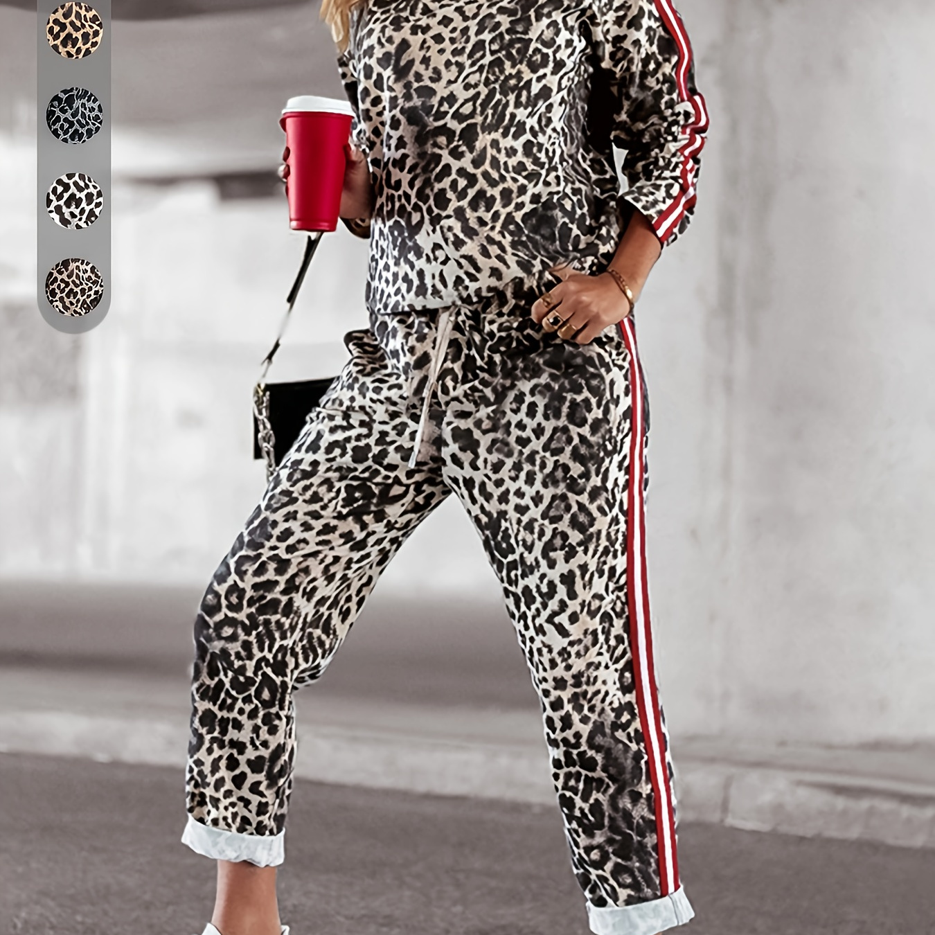 

Women' & Autumn Two-piece Set - Soft And Comfortable Outfit With Long Sleeve Top And Pants, Loose Fit, Stretchy, Stylish Leopard Print, Commuting, Includes Pockets