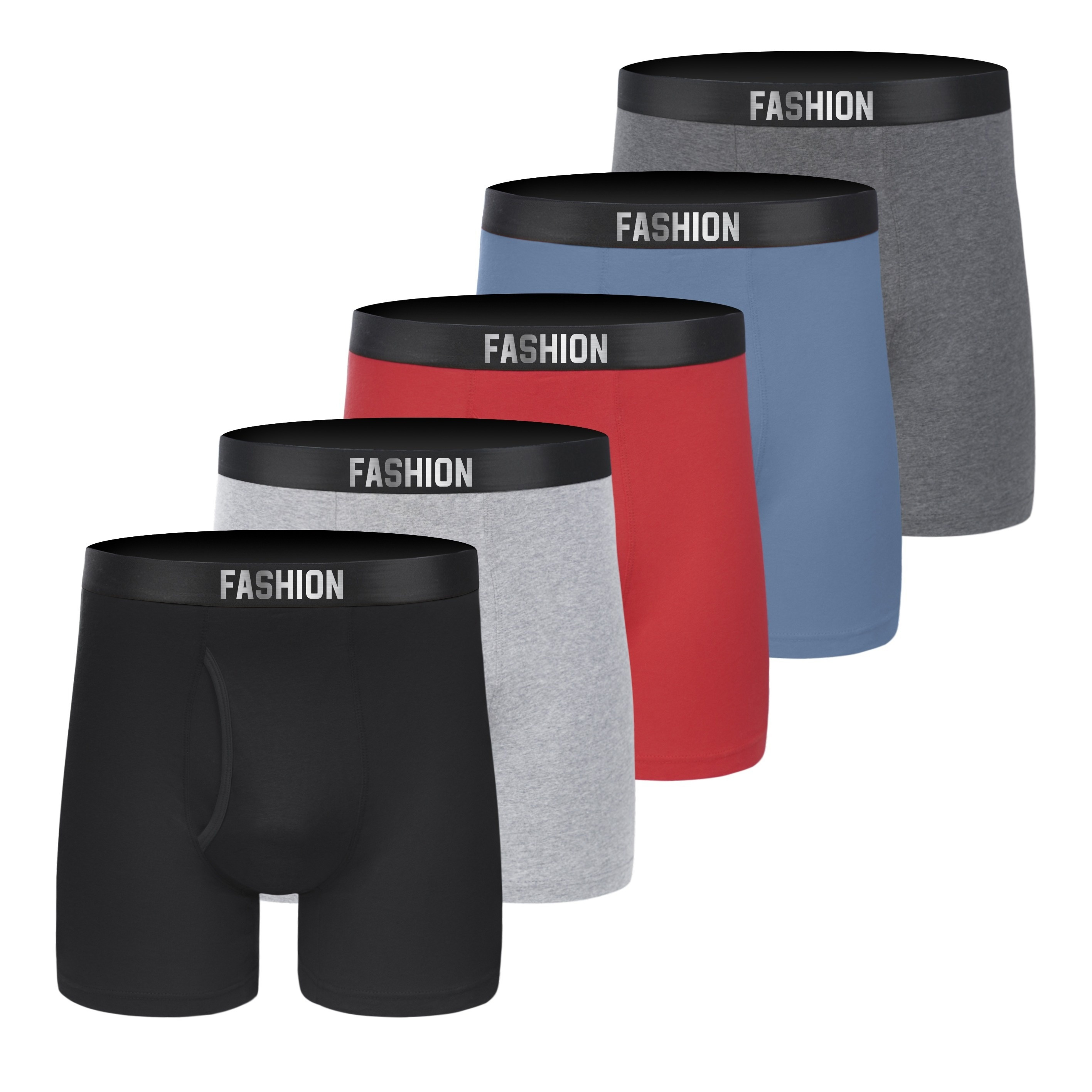 

5pcs Solid Color Print Men's Cotton Long Style Boxer Briefs With Half Open Fly, Comfortable Underwear High Elastic Waistband Sports Trunks Soft & Breathable Underpants For Daily Wear & Sleep